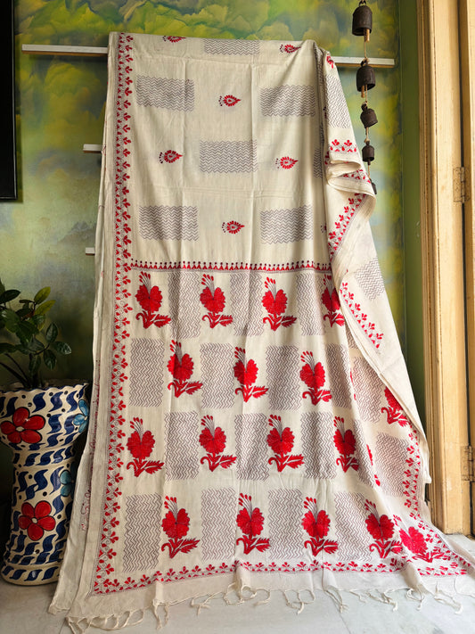 Handmade Offwhite Red Cotton Kantha Saree