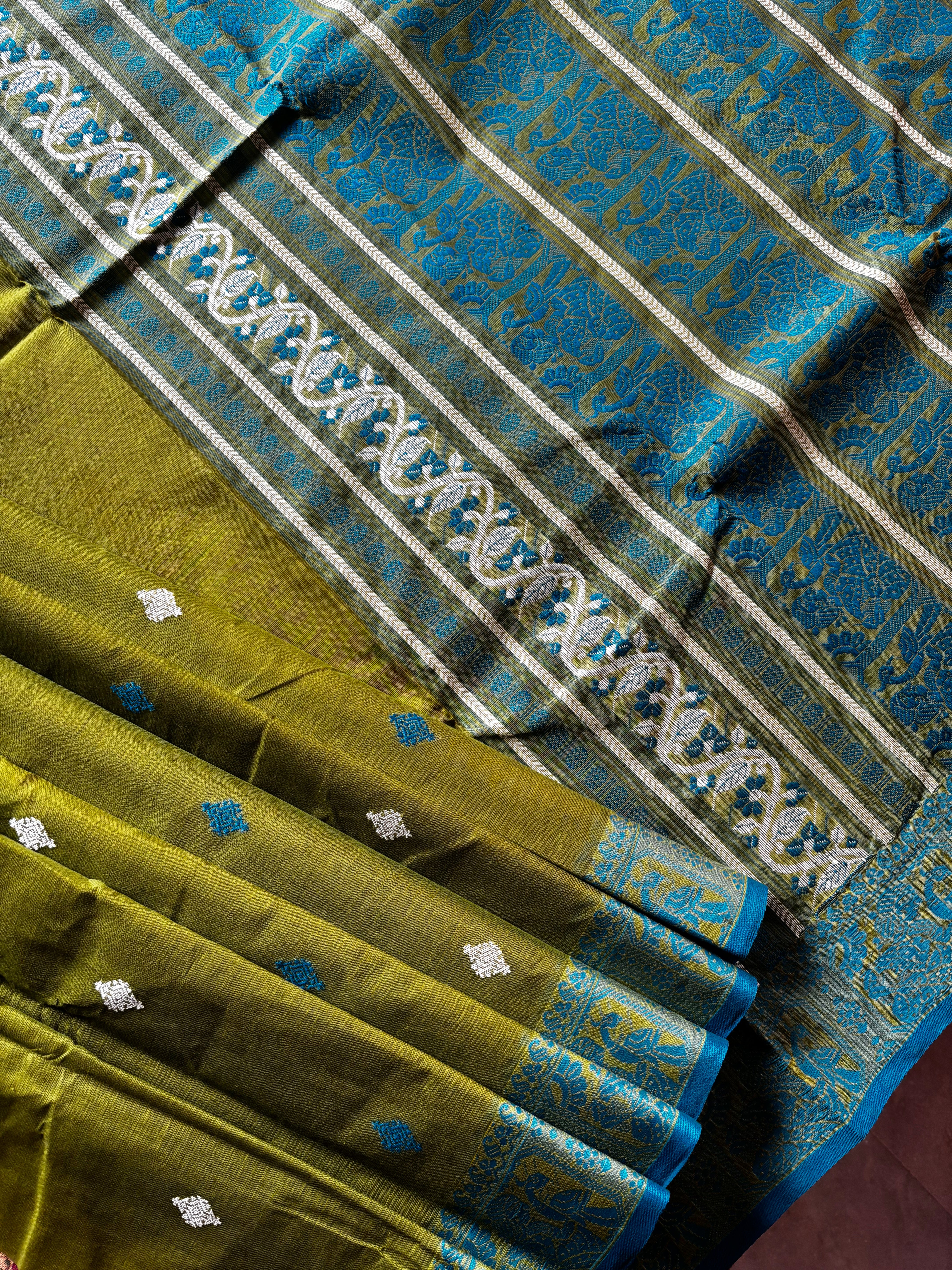 Handwoven Olive Green Pure Cotton Baluchari Saree