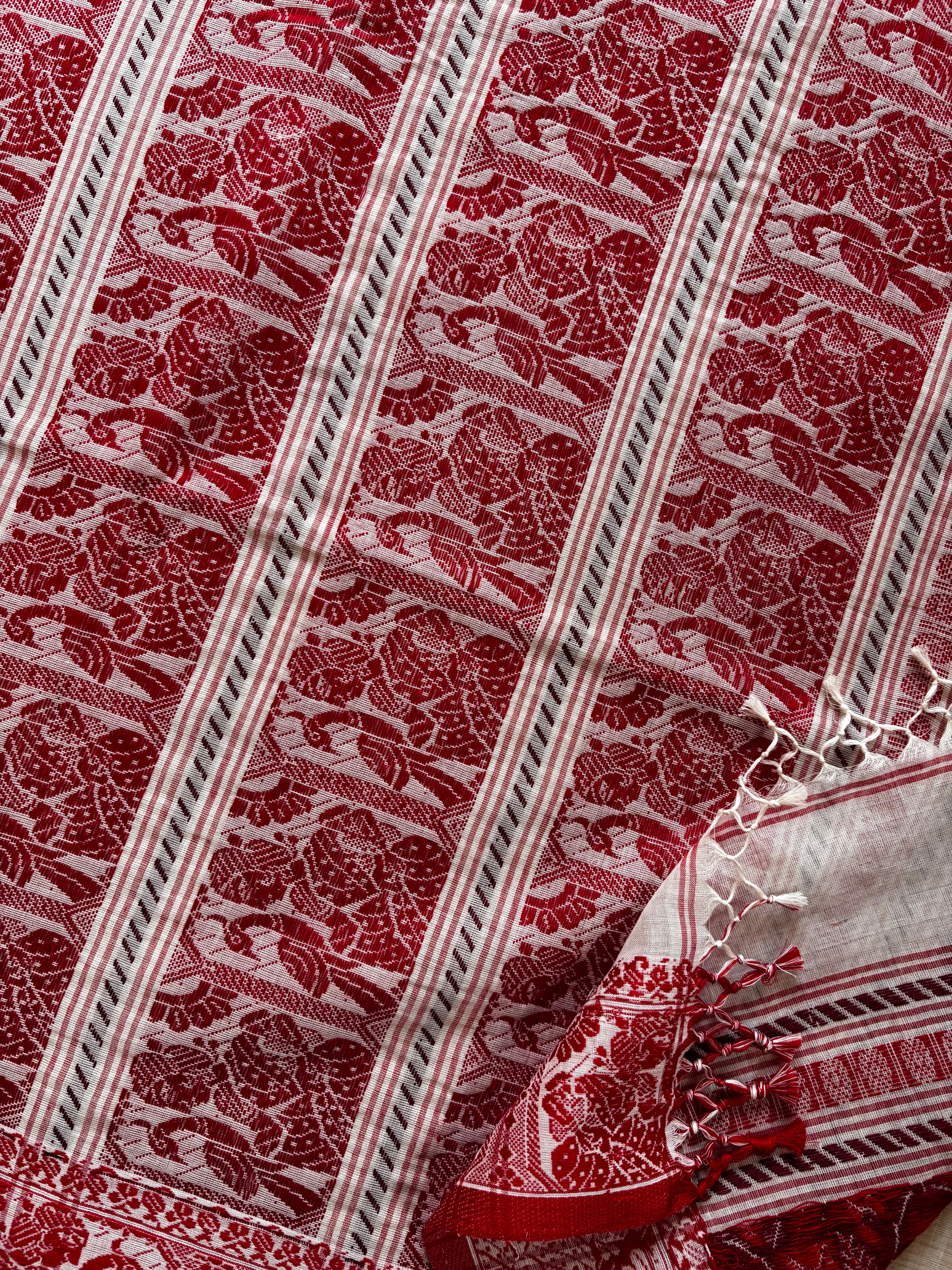 Handwoven White Red Pure Cotton Baluchari Saree