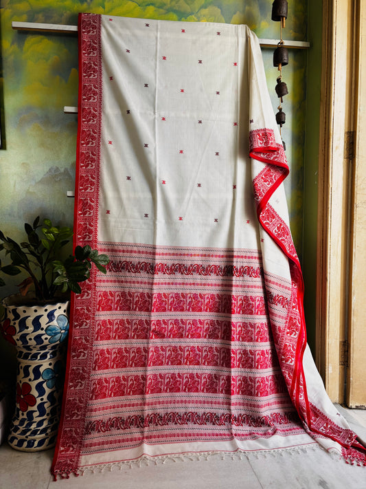Handwoven White Red Pure Cotton Baluchari Saree