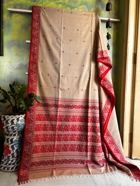 Handwoven Beige Red Pure Cotton Baluchari Saree