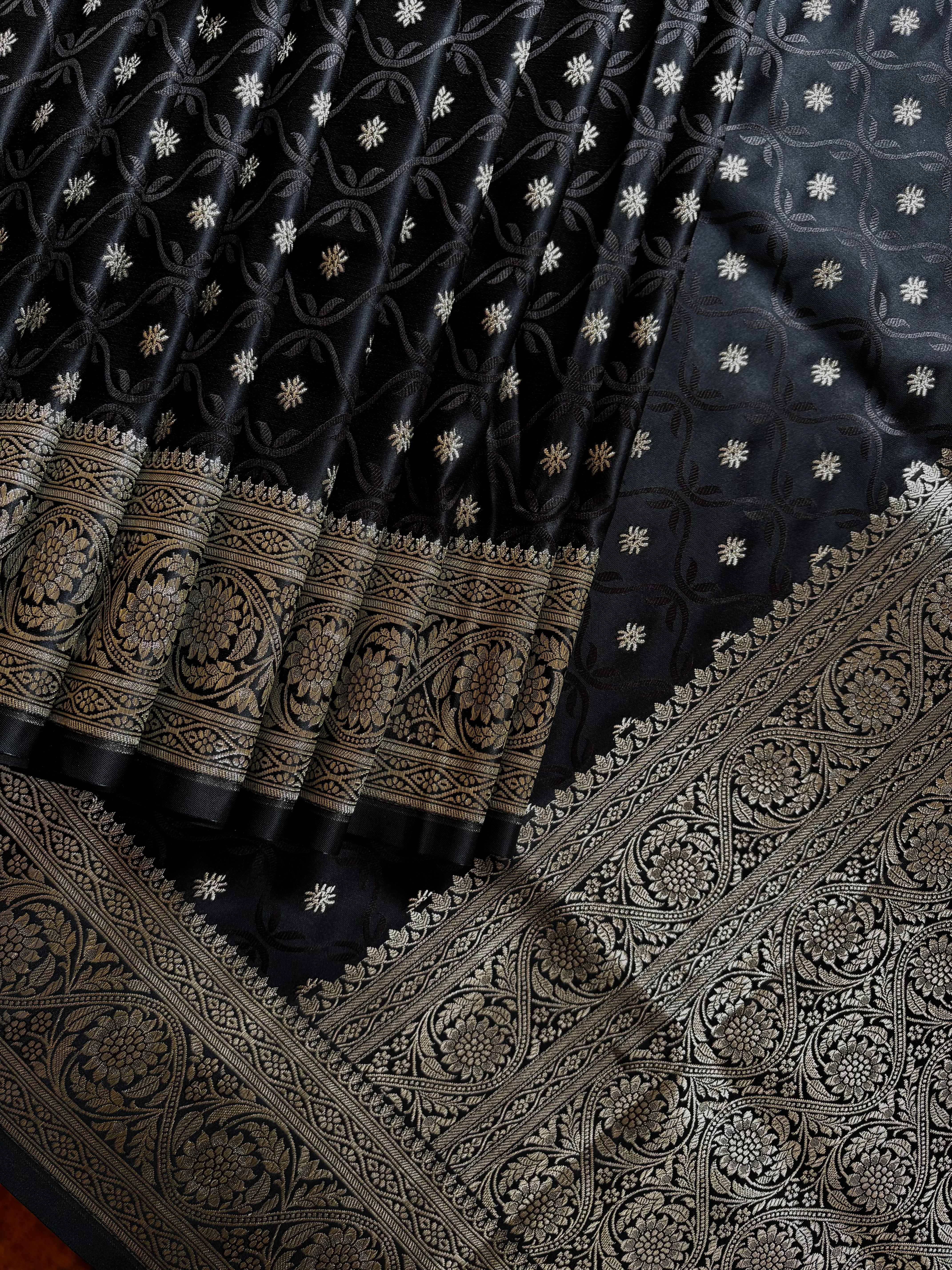 Black Silver Semi Katan Benarasi Saree