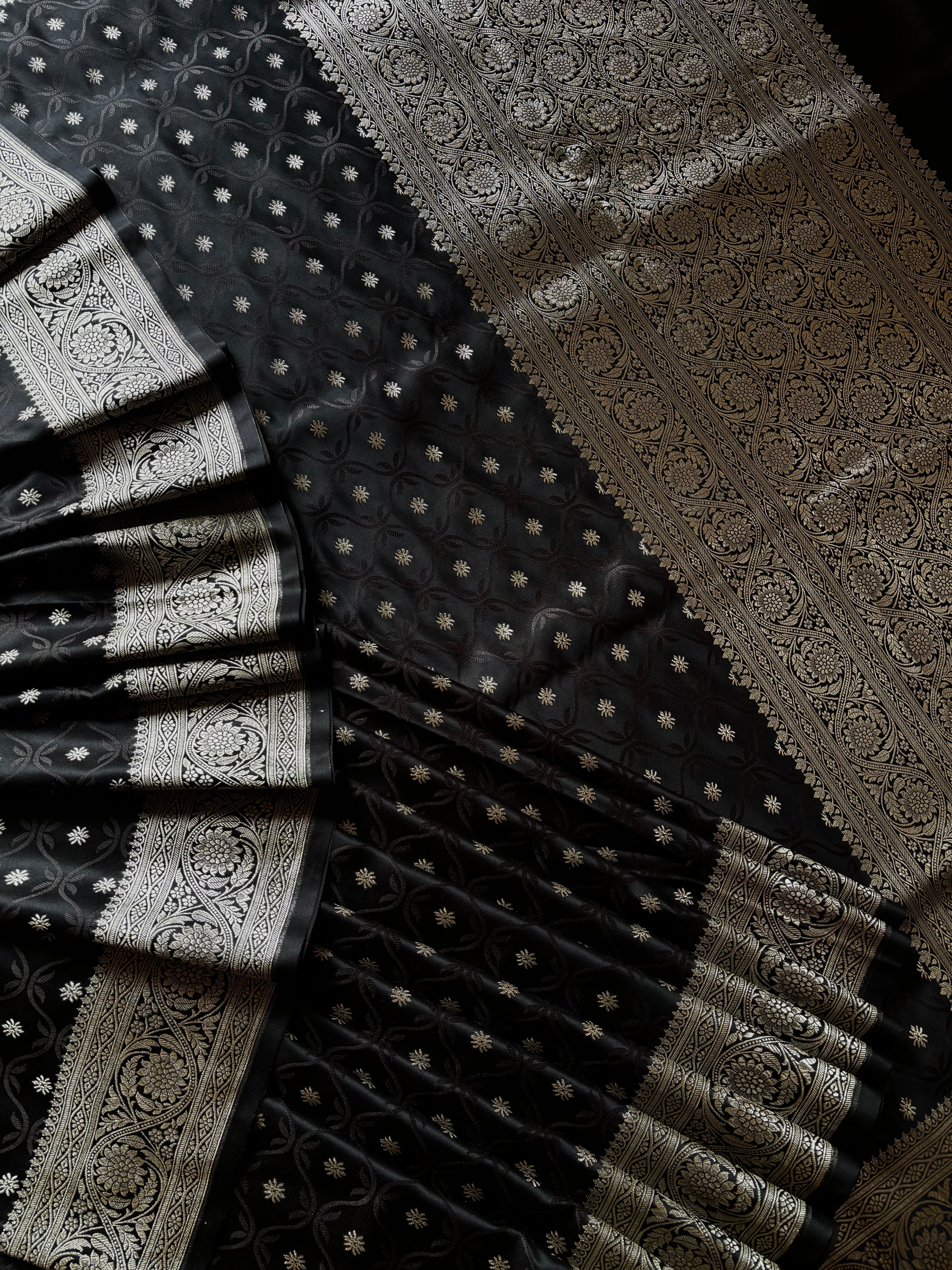 Black Silver Semi Katan Benarasi Saree