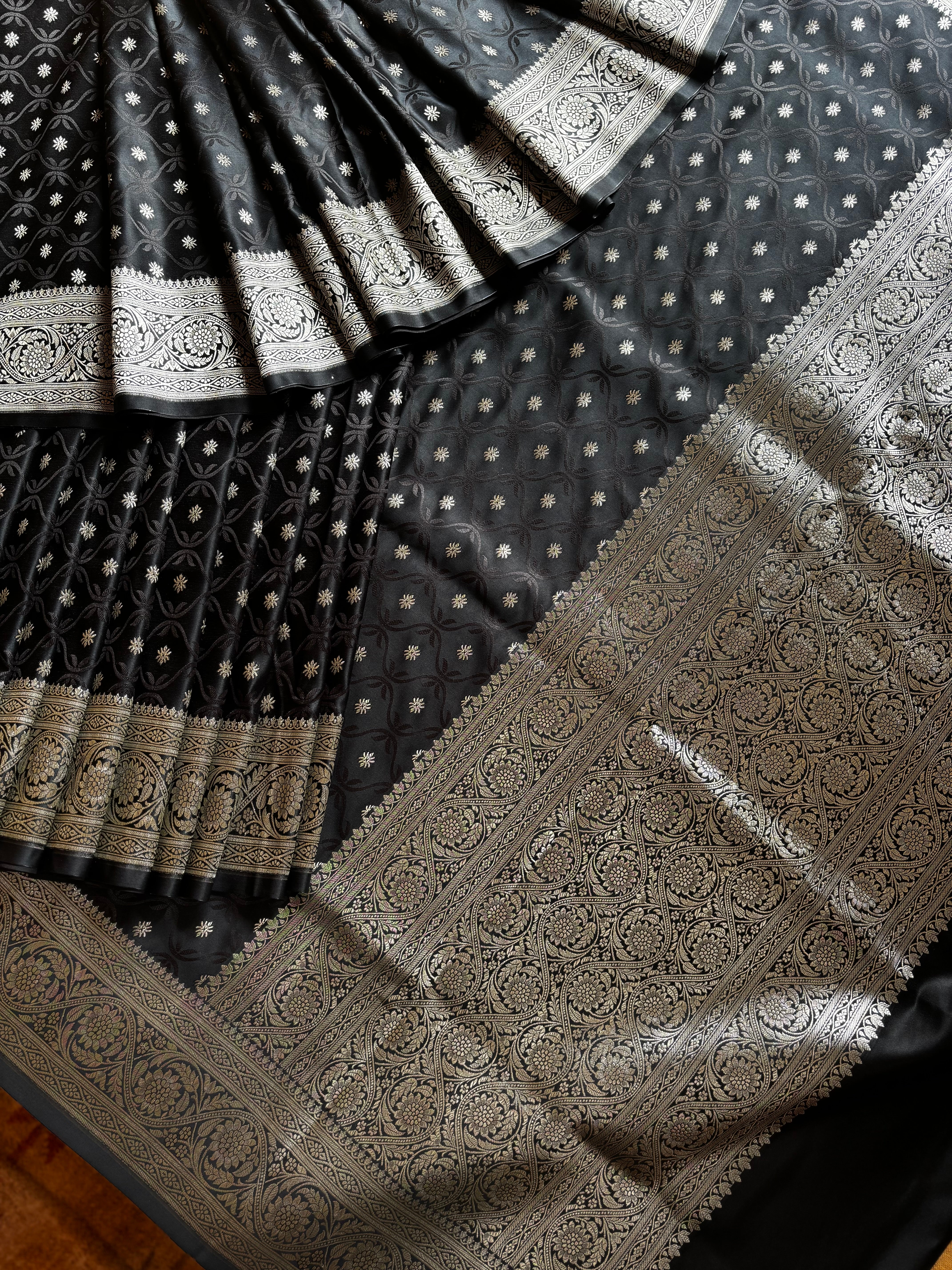Black Silver Semi Katan Benarasi Saree