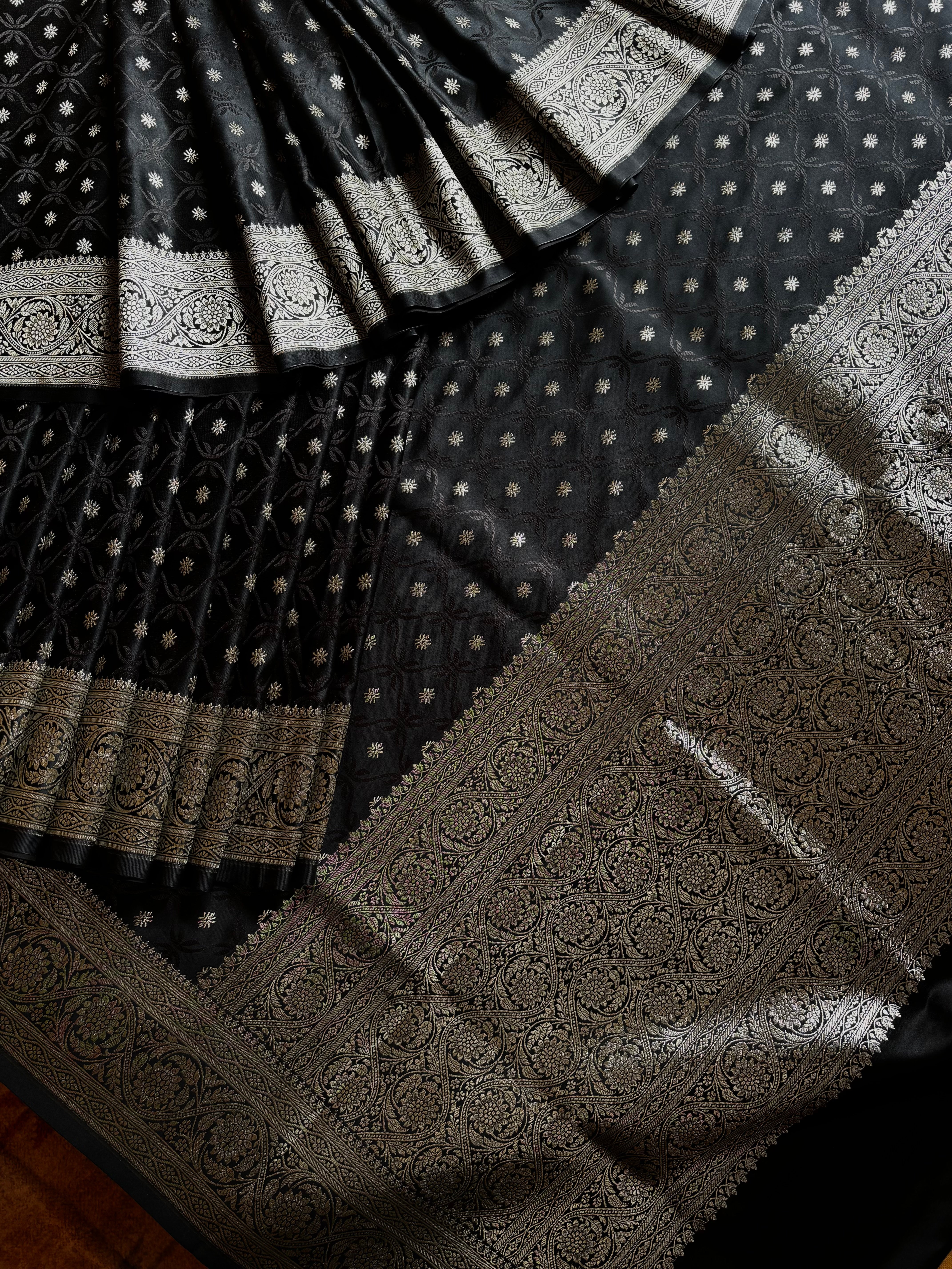 Black Silver Semi Katan Benarasi Saree