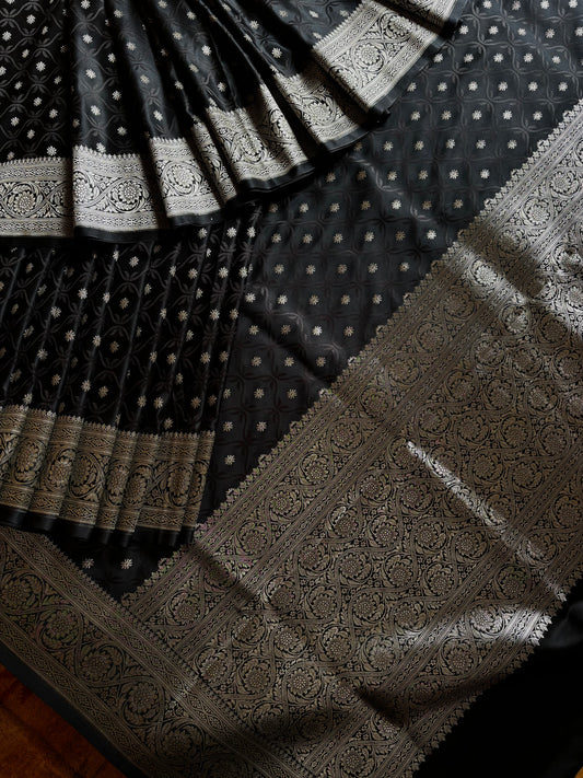 Black Silver Semi Katan Benarasi Saree