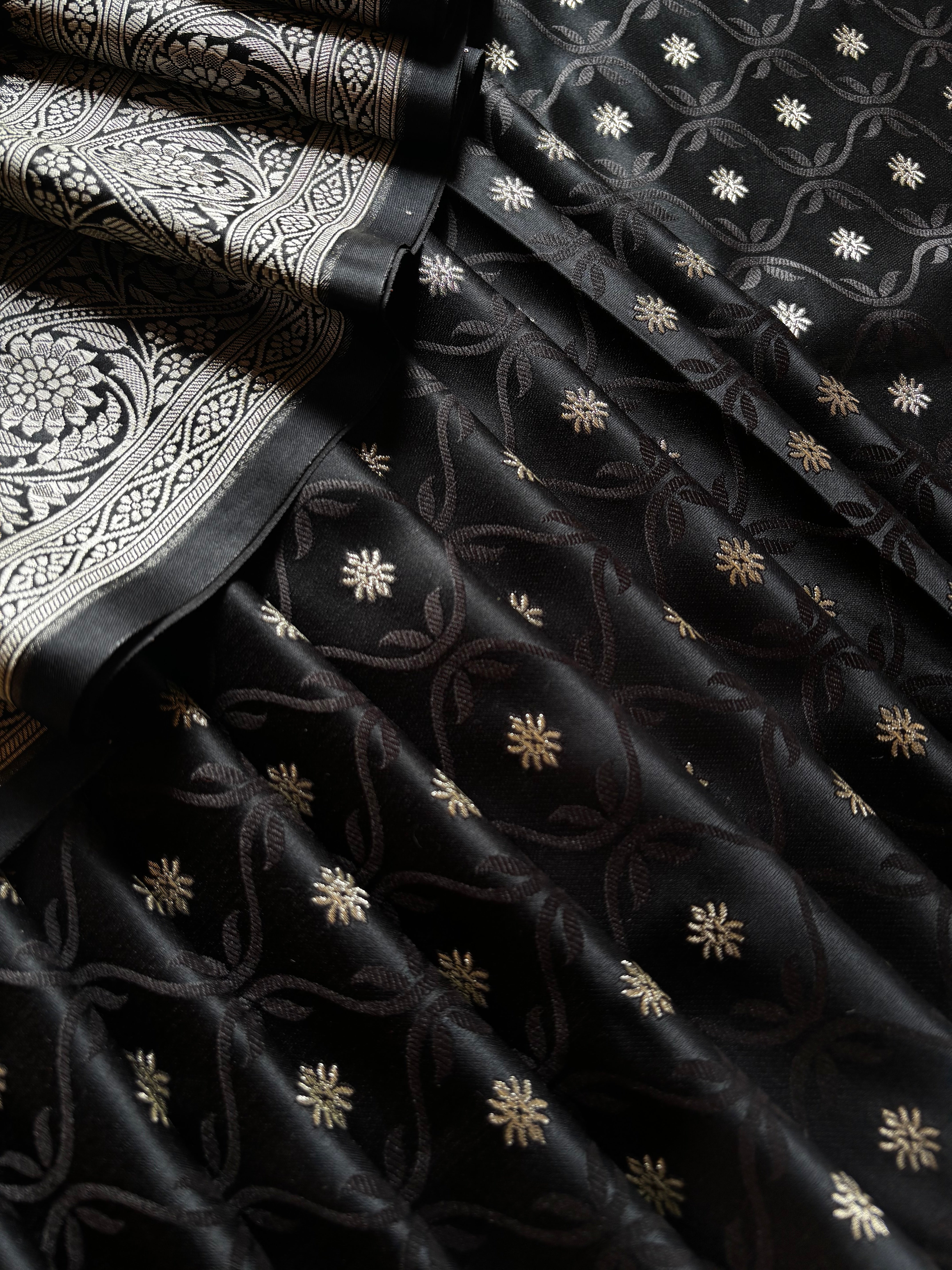 Black Silver Semi Katan Benarasi Saree