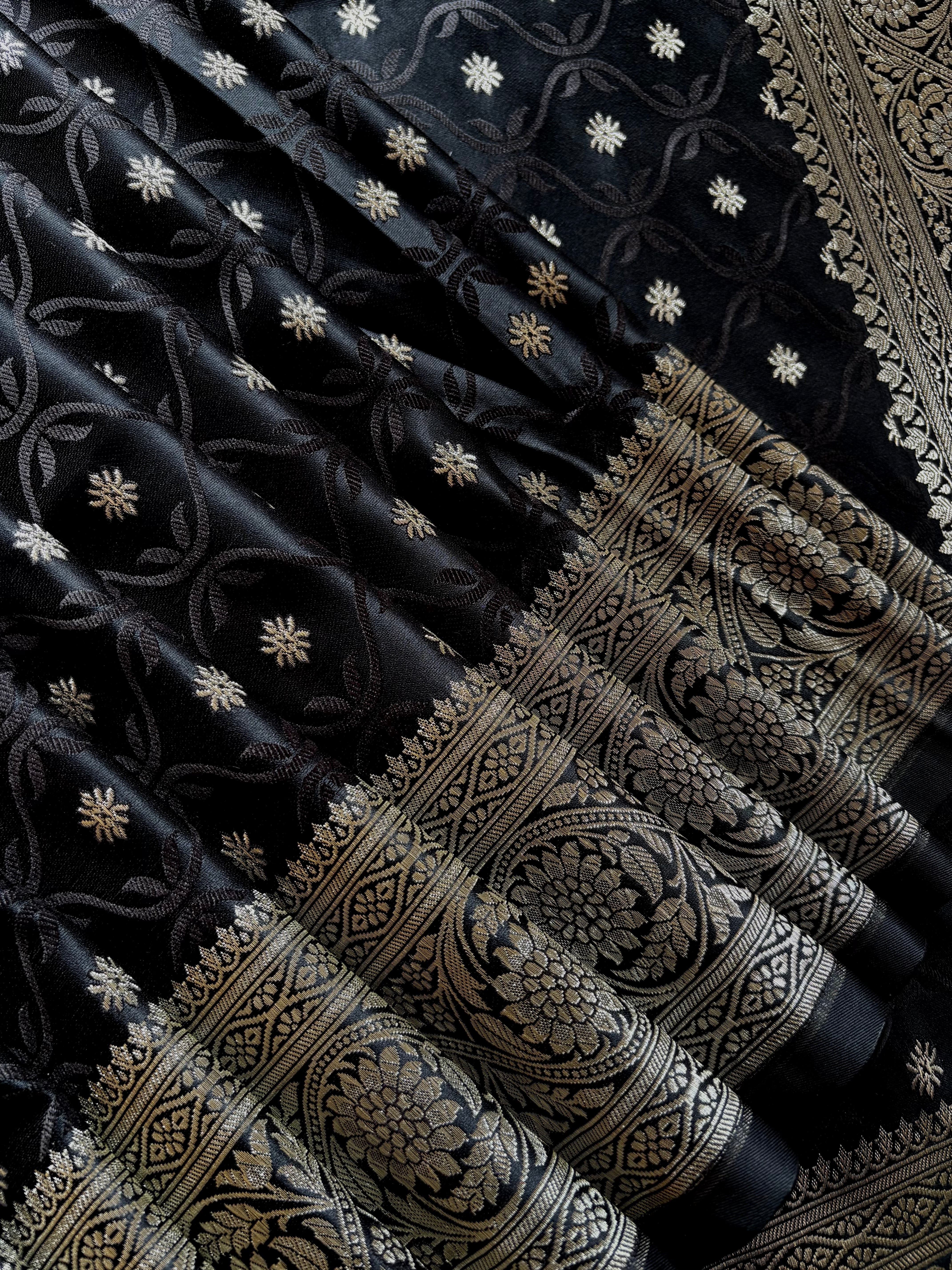 Black Silver Semi Katan Benarasi Saree