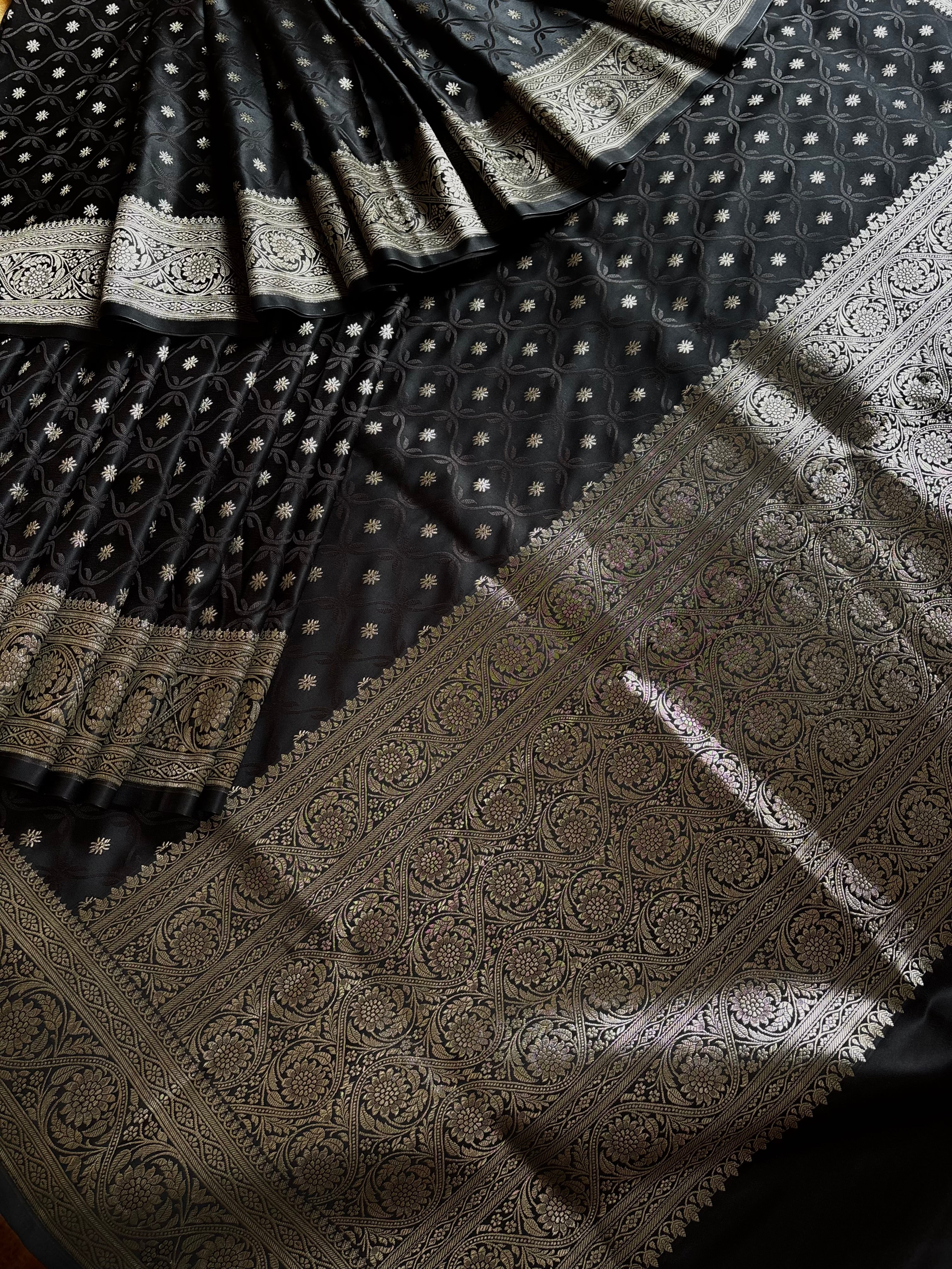 Black Silver Semi Katan Benarasi Saree