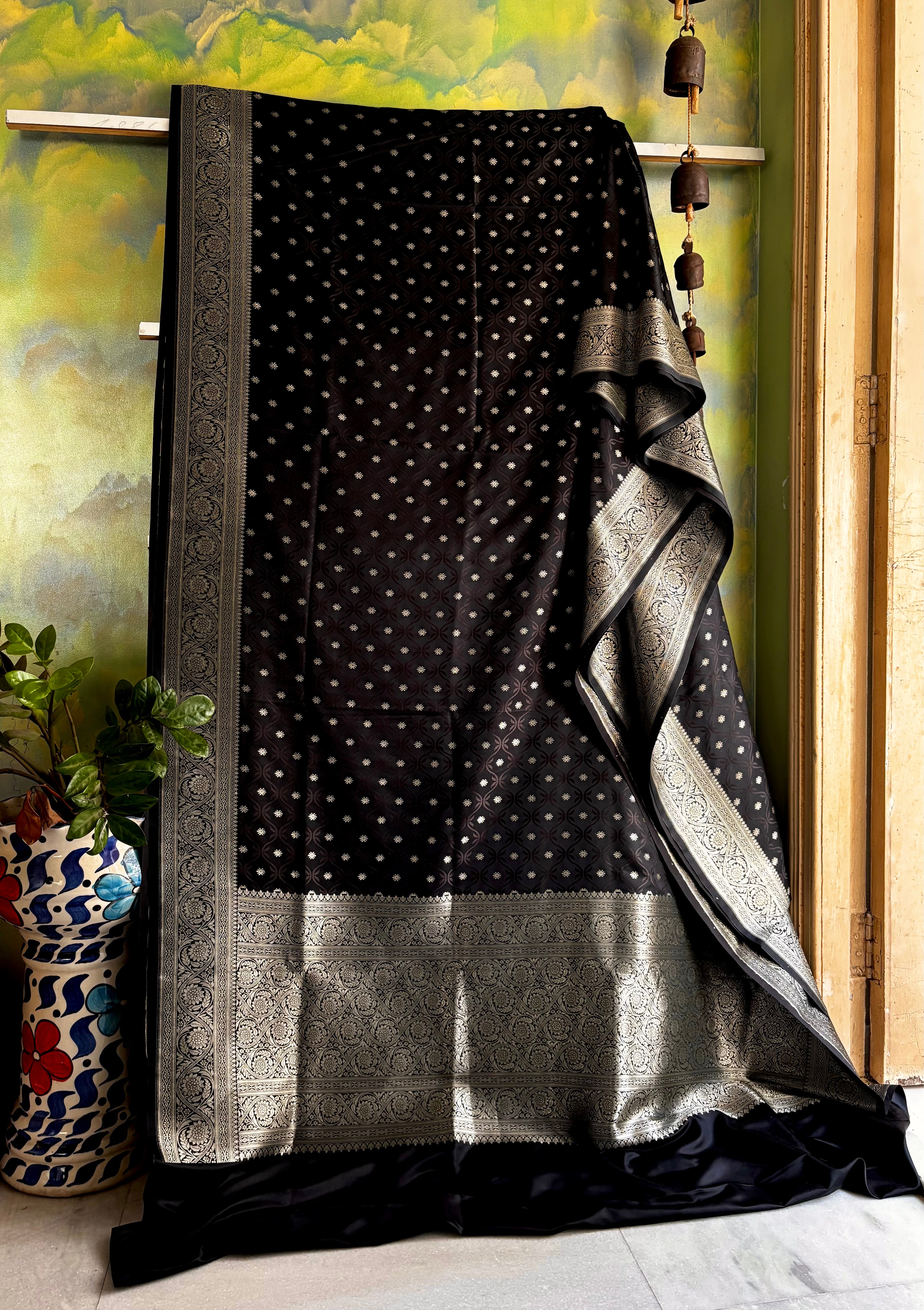 Black Silver Semi Katan Benarasi Saree