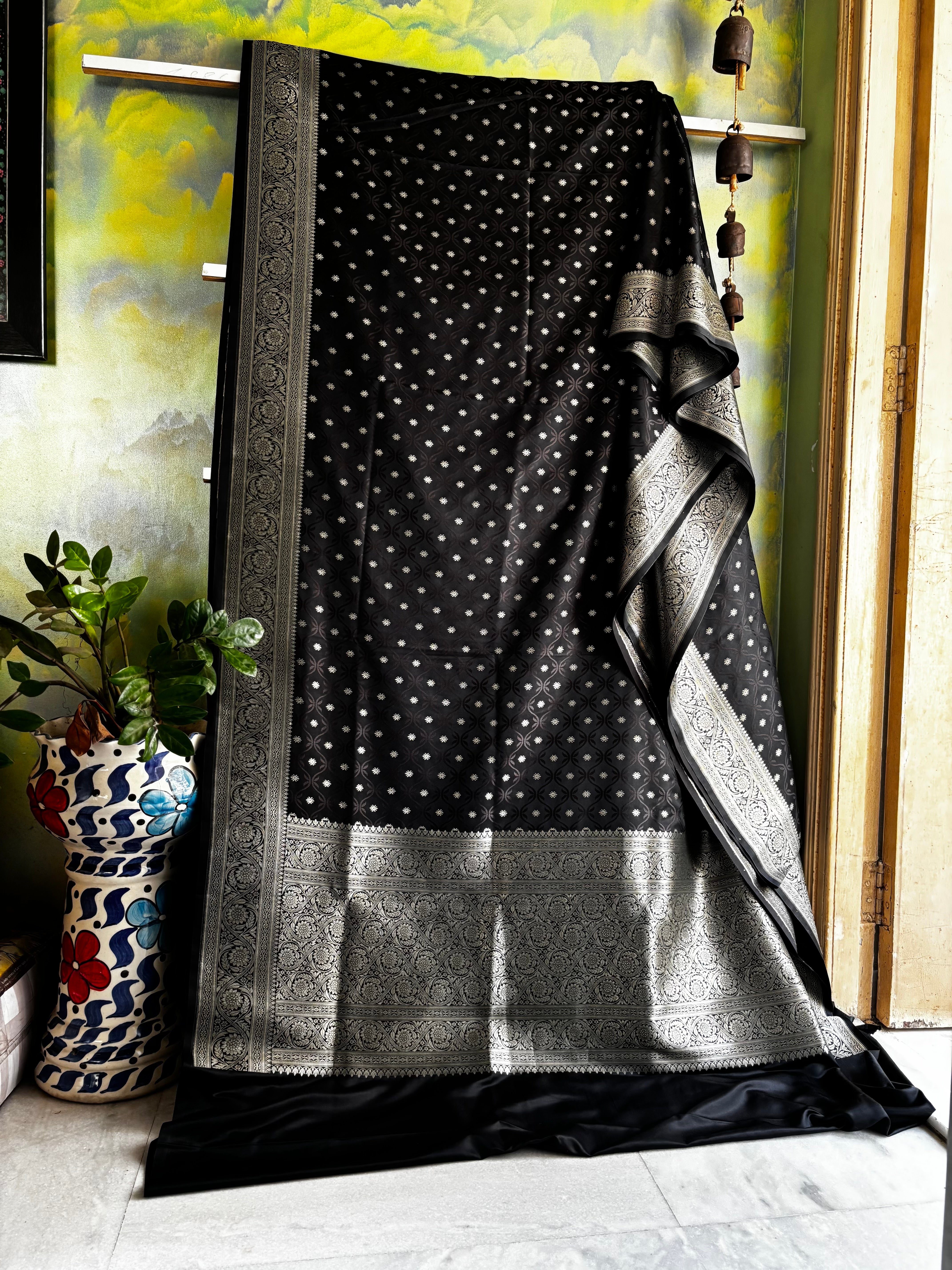 Black Silver Semi Katan Benarasi Saree