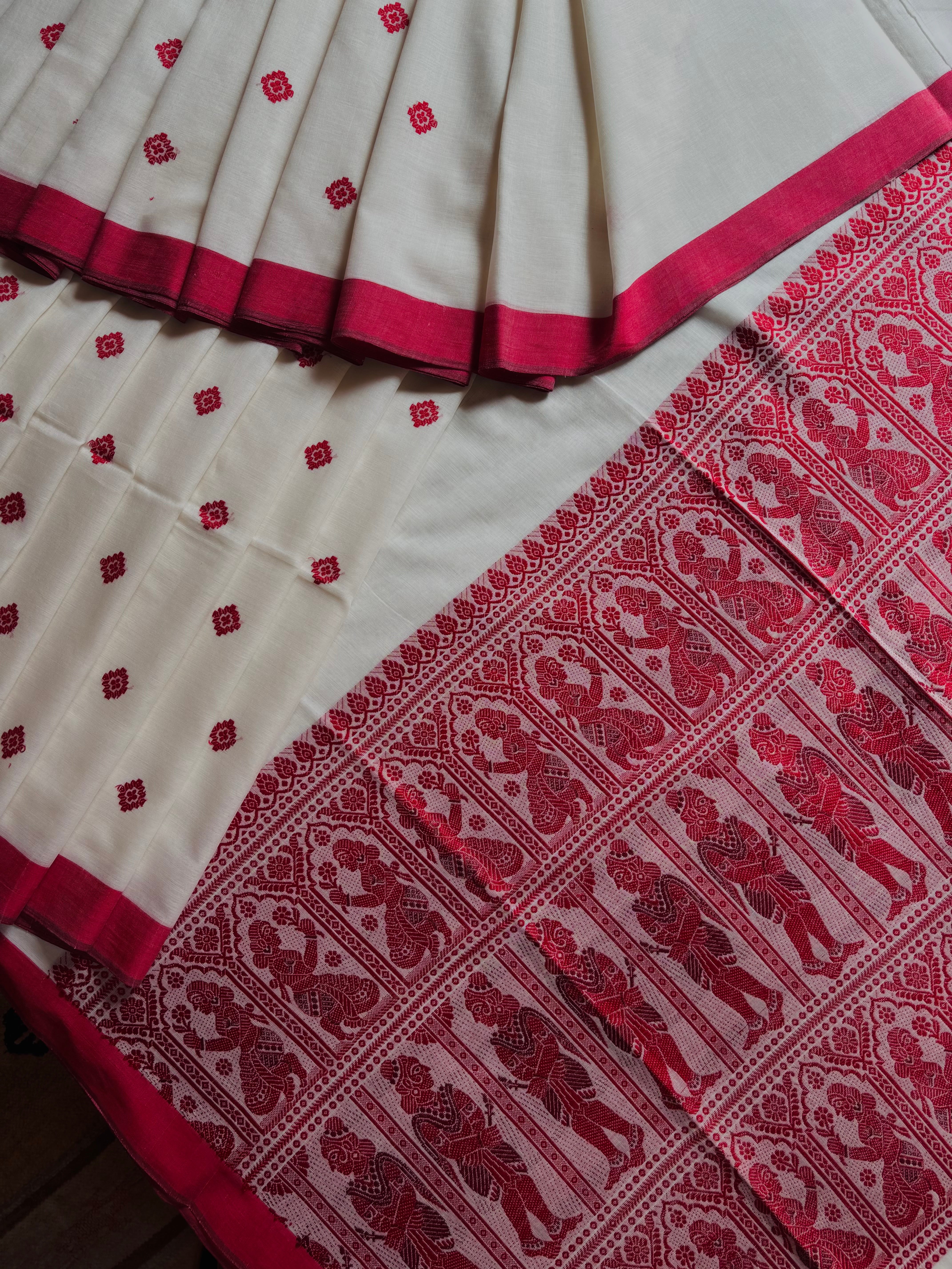 Handwoven Offwhite Red Cotton Baluchari Saree