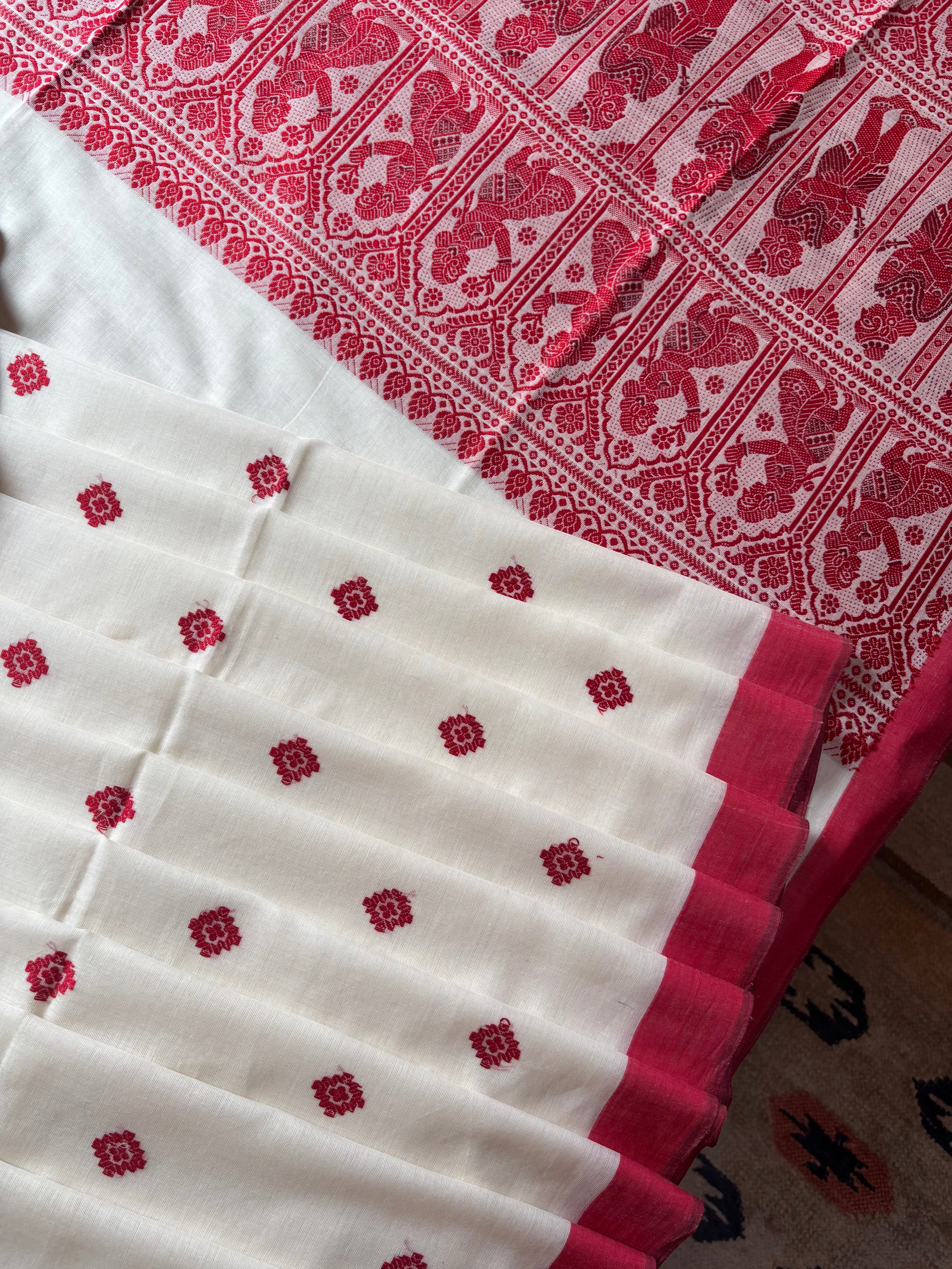 Handwoven Offwhite Red Cotton Baluchari Saree