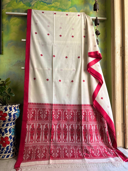 Handwoven Offwhite Red Cotton Baluchari Saree