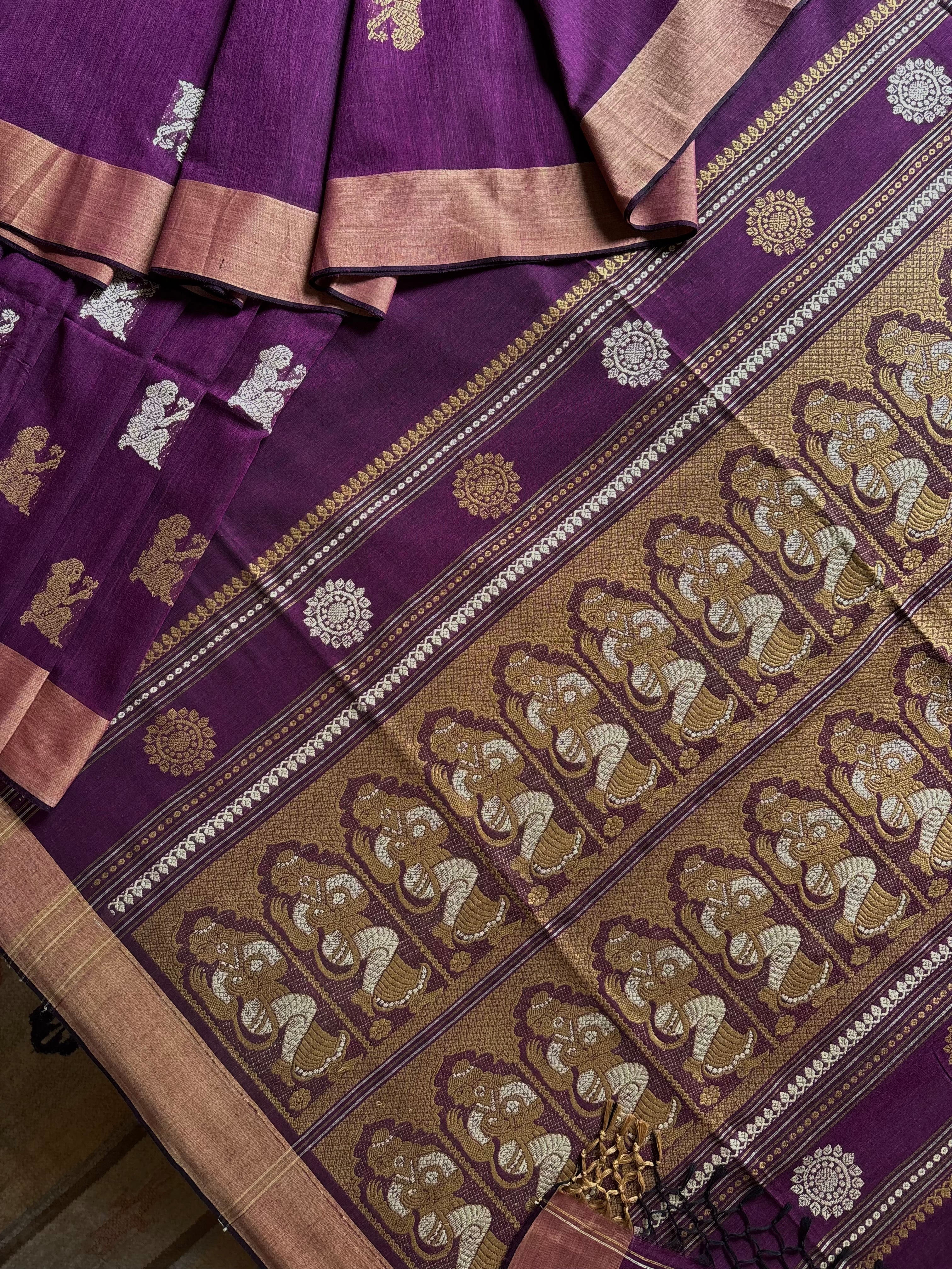 Handwoven Purple Beige Cotton Baluchari Saree