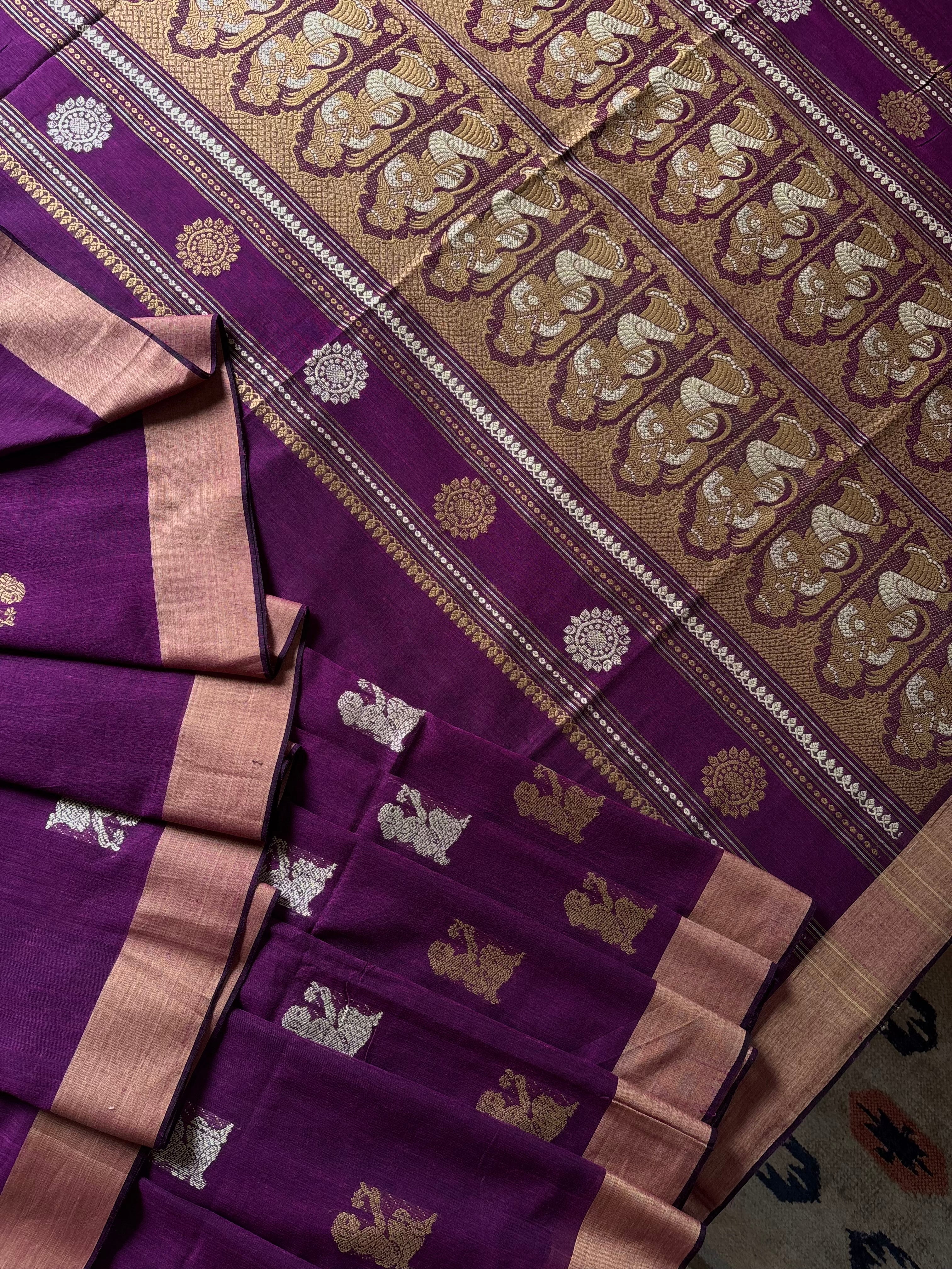 Handwoven Purple Beige Cotton Baluchari Saree