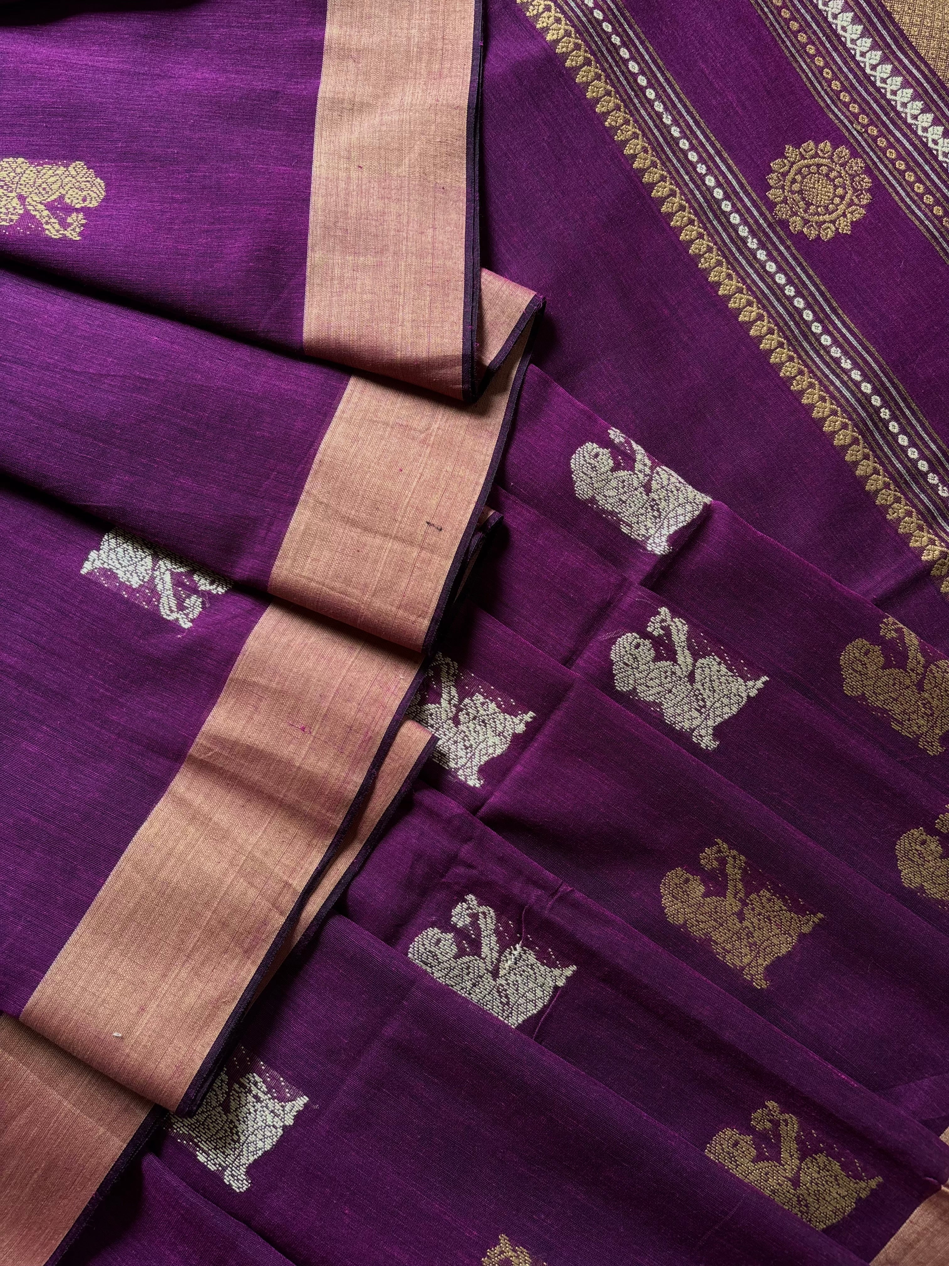Handwoven Purple Beige Cotton Baluchari Saree