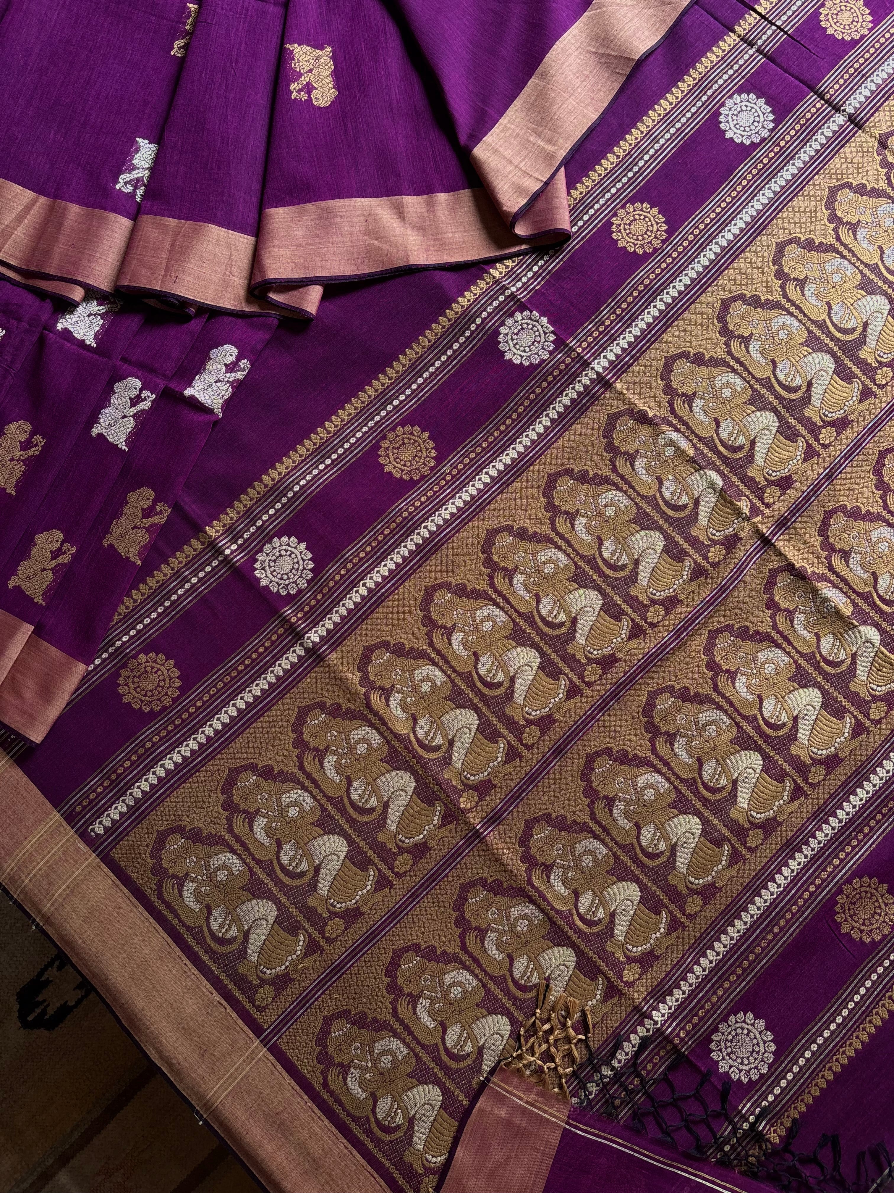 Handwoven Purple Beige Cotton Baluchari Saree