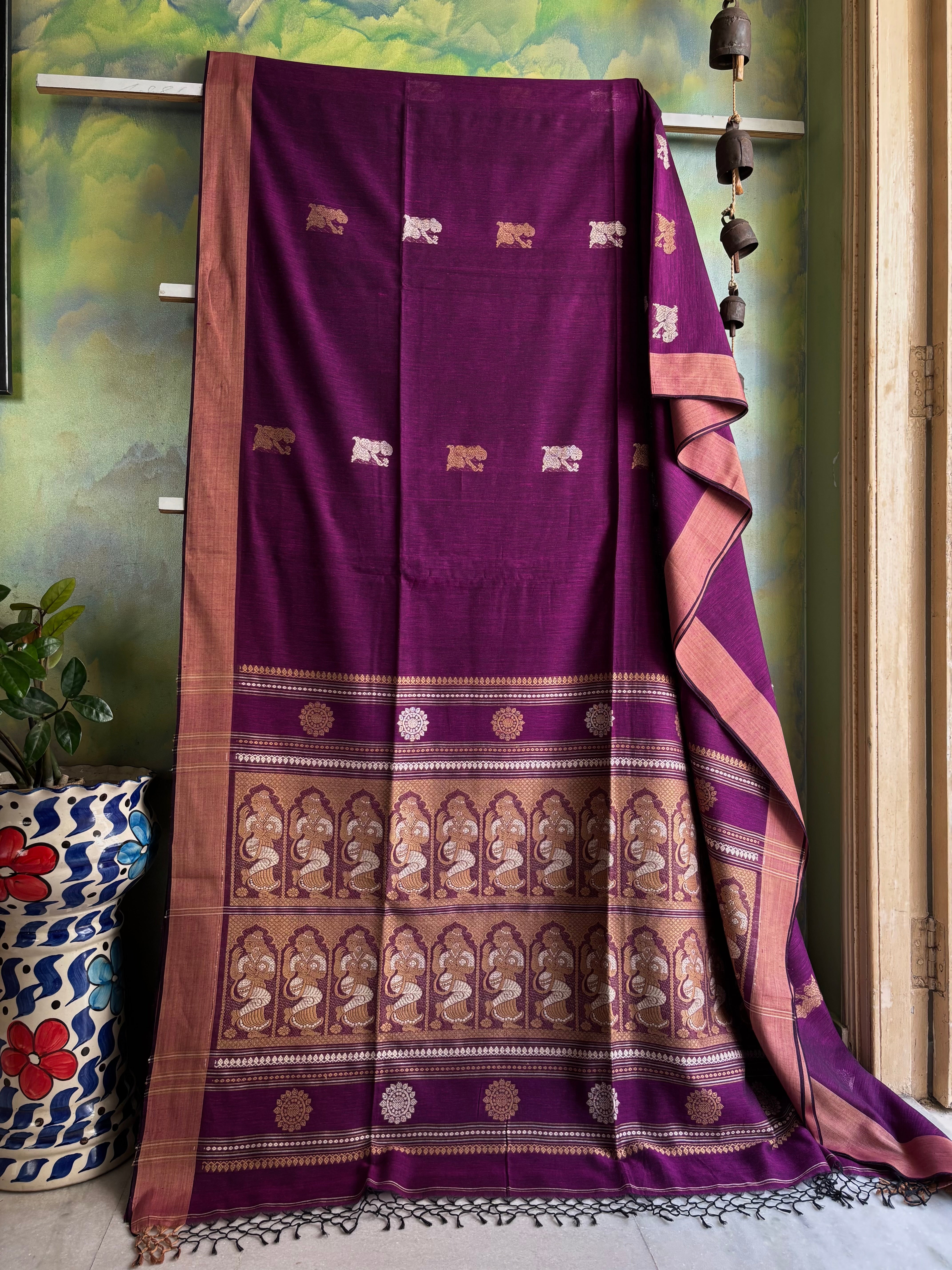 Handwoven Purple Beige Cotton Baluchari Saree