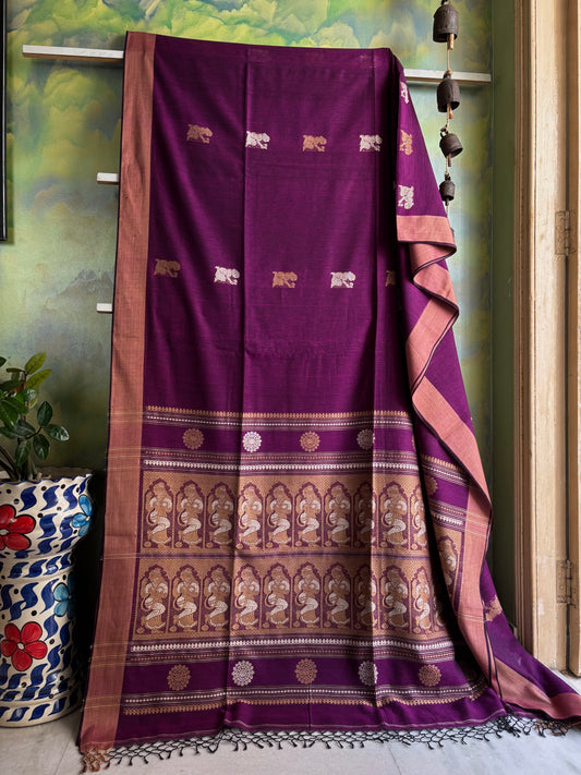 Handwoven Purple Beige Cotton Baluchari Saree