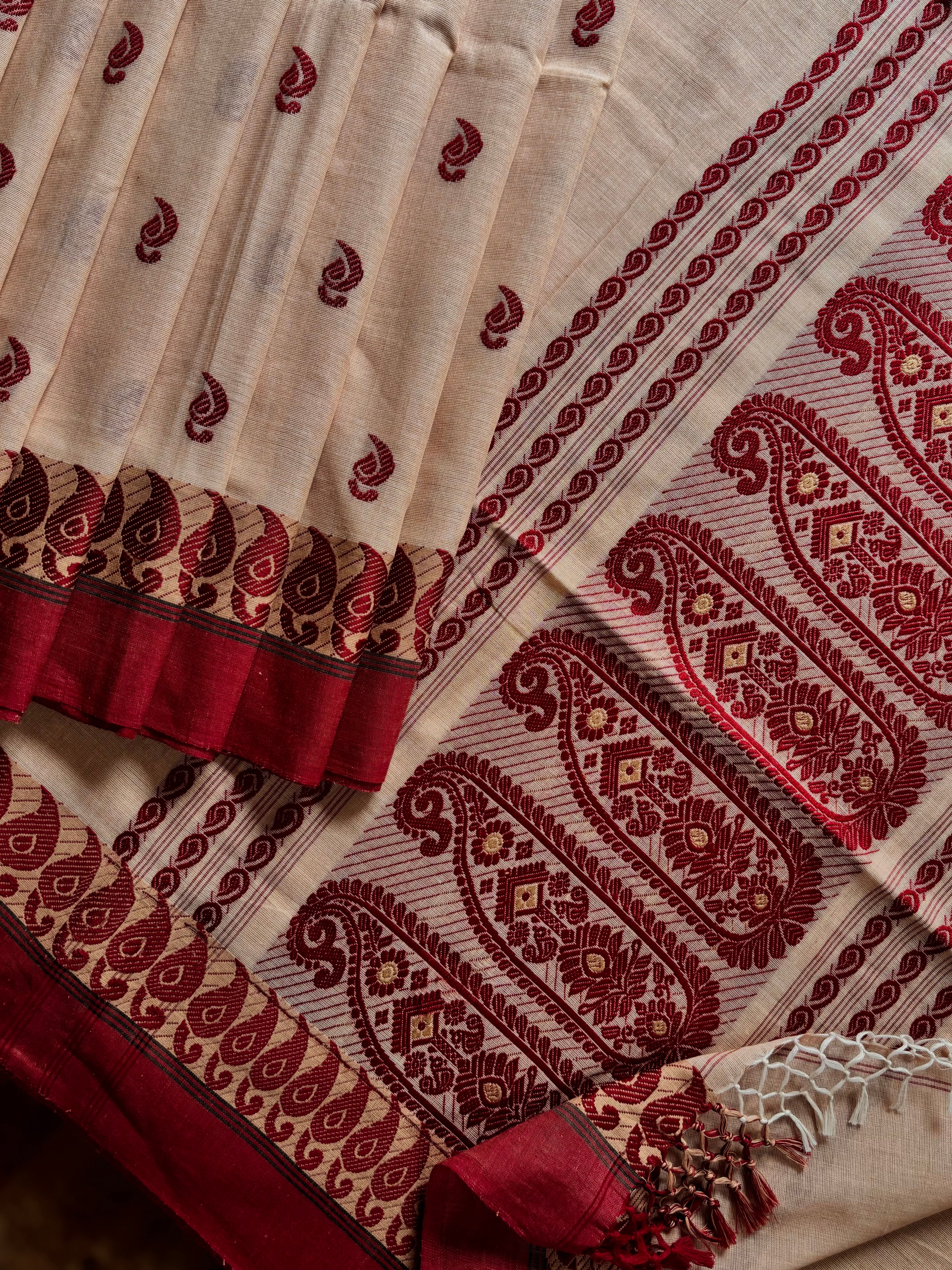 Handwoven Beige Maroon Phulia Cotton Saree