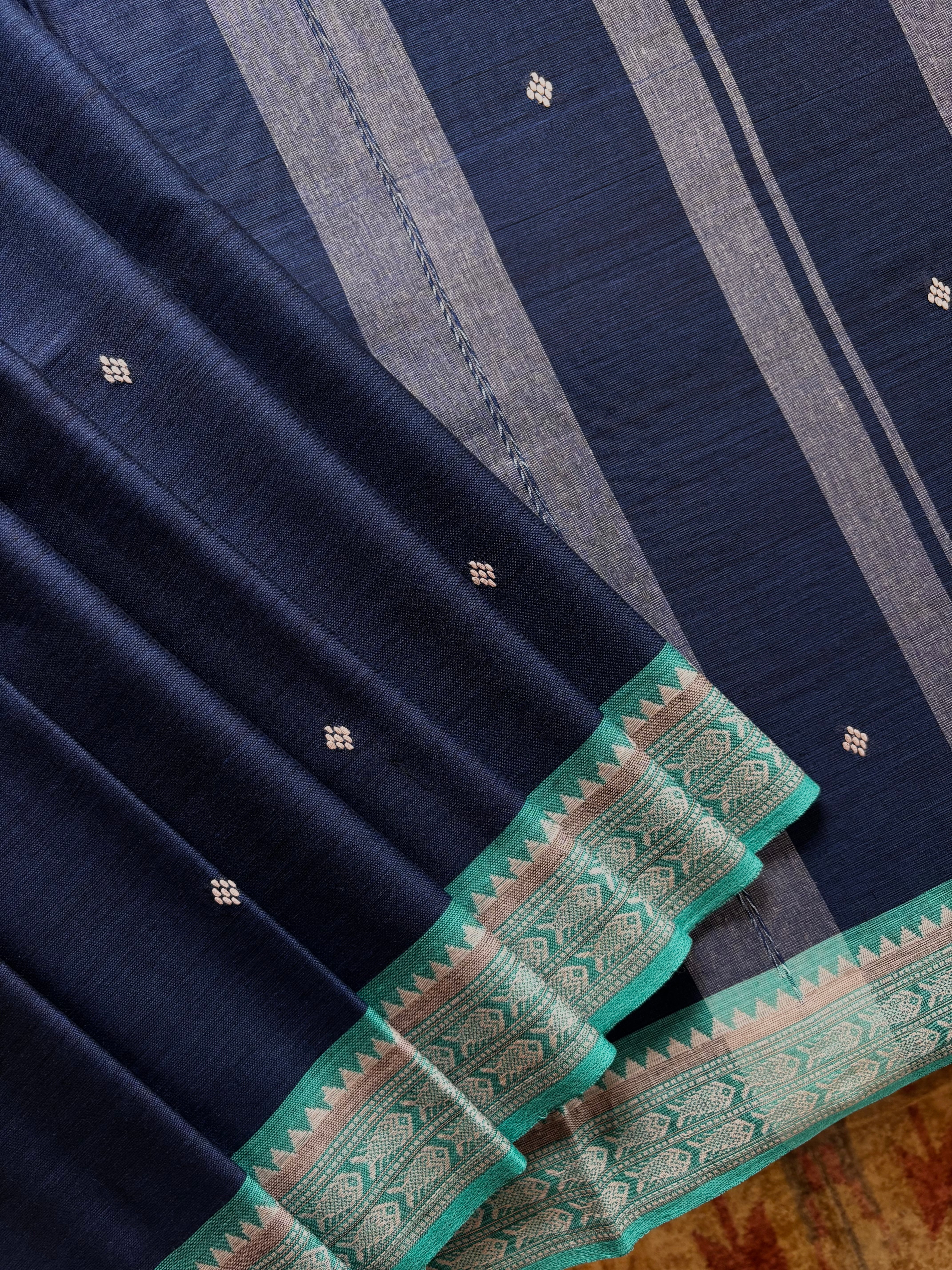 Handwoven Navy Blue Colour Dhonekhali Cotton Saree