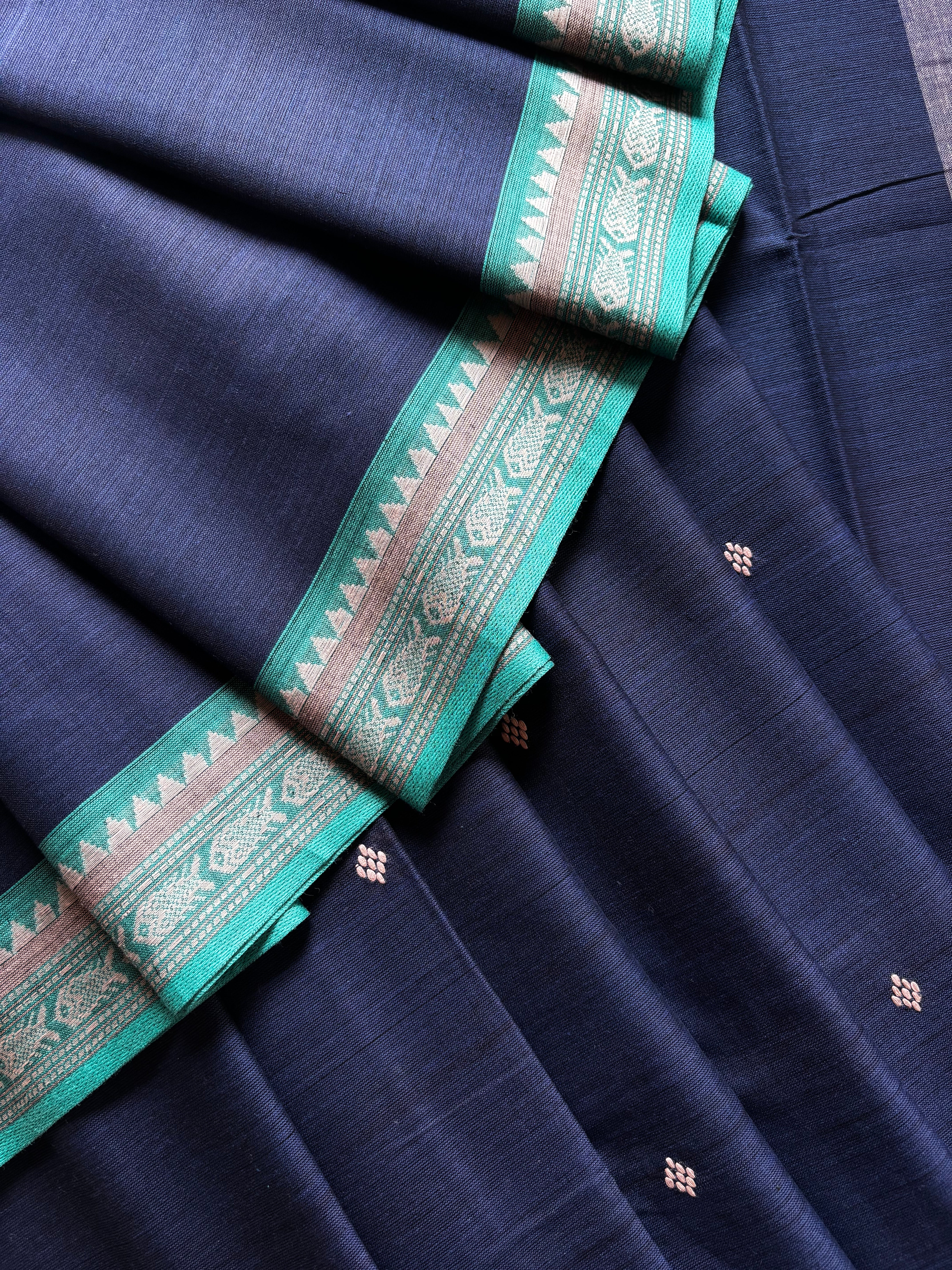 Handwoven Navy Blue Colour Dhonekhali Cotton Saree