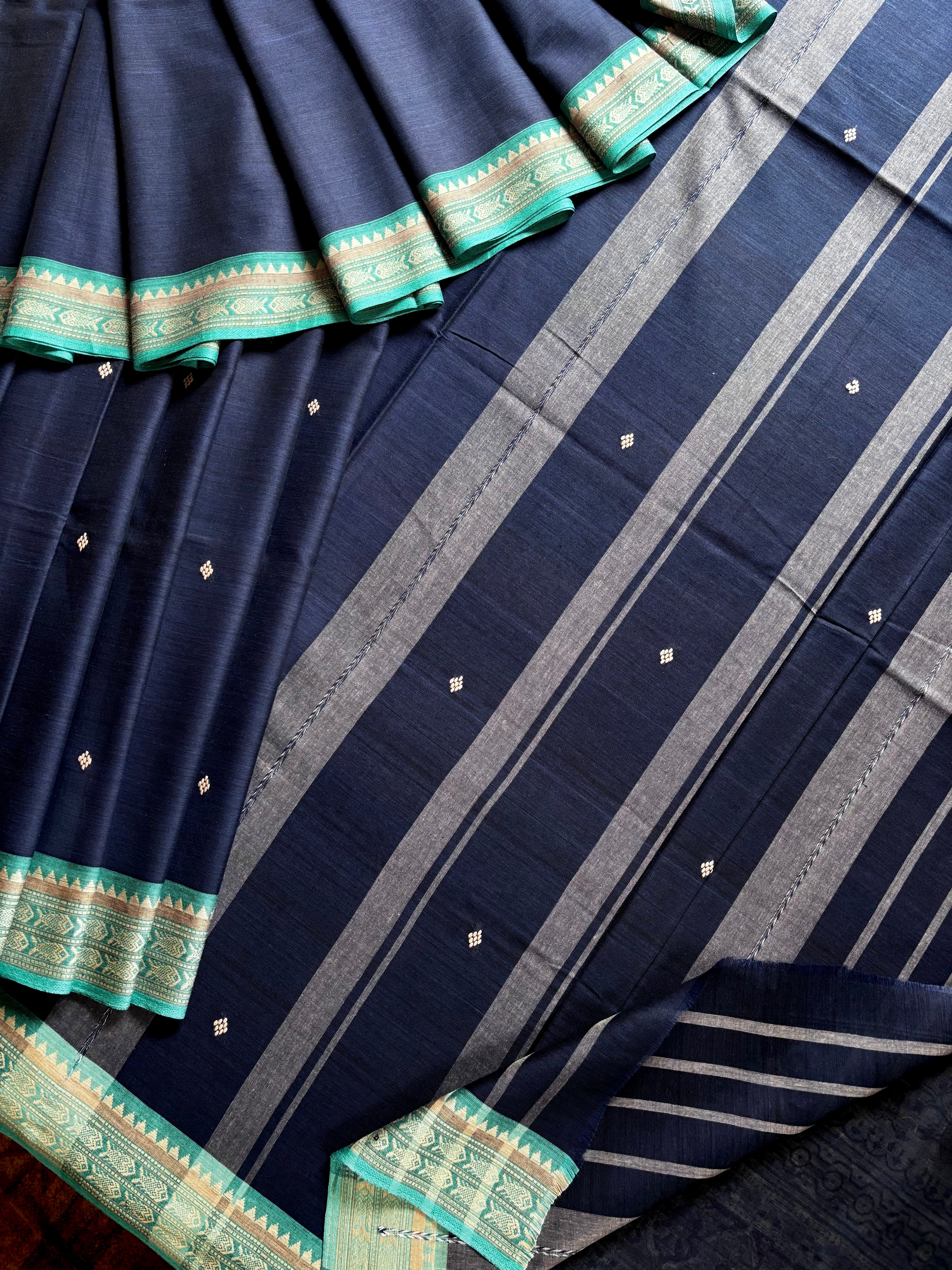 Handwoven Navy Blue Colour Dhonekhali Cotton Saree