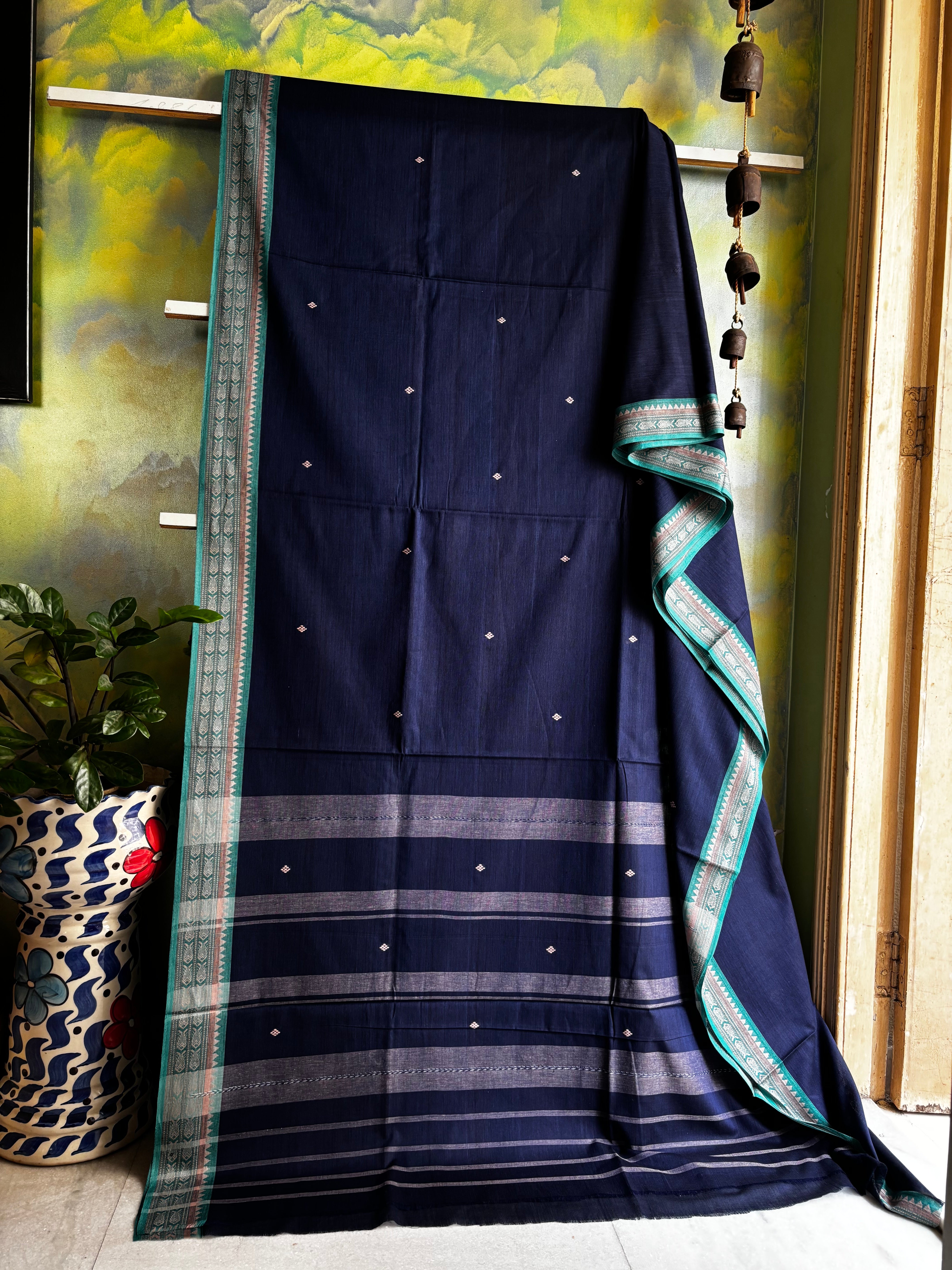Handwoven Navy Blue Colour Dhonekhali Cotton Saree