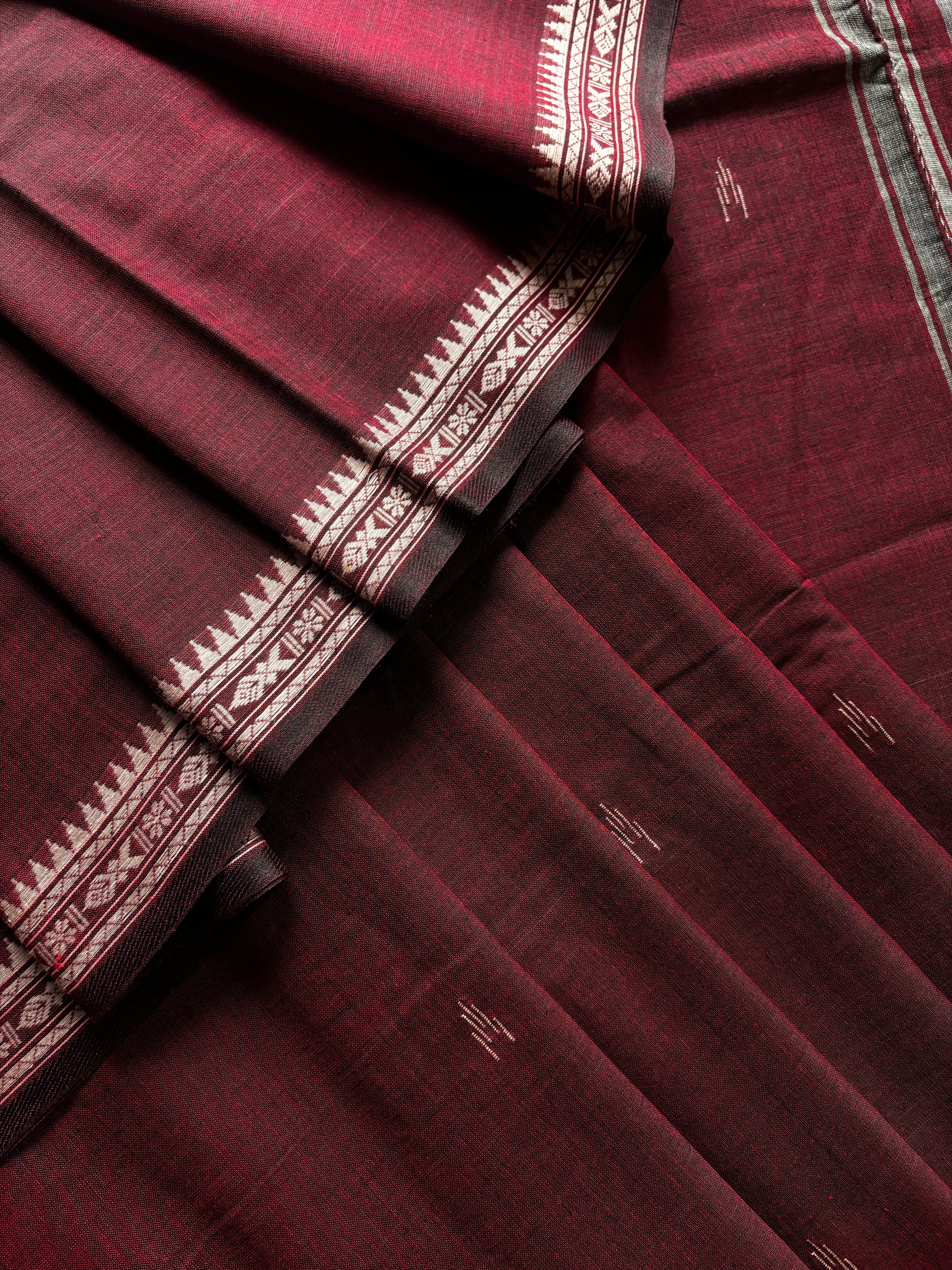 Handwoven Maroonish Wine Colour Dhonekhali Cotton Saree