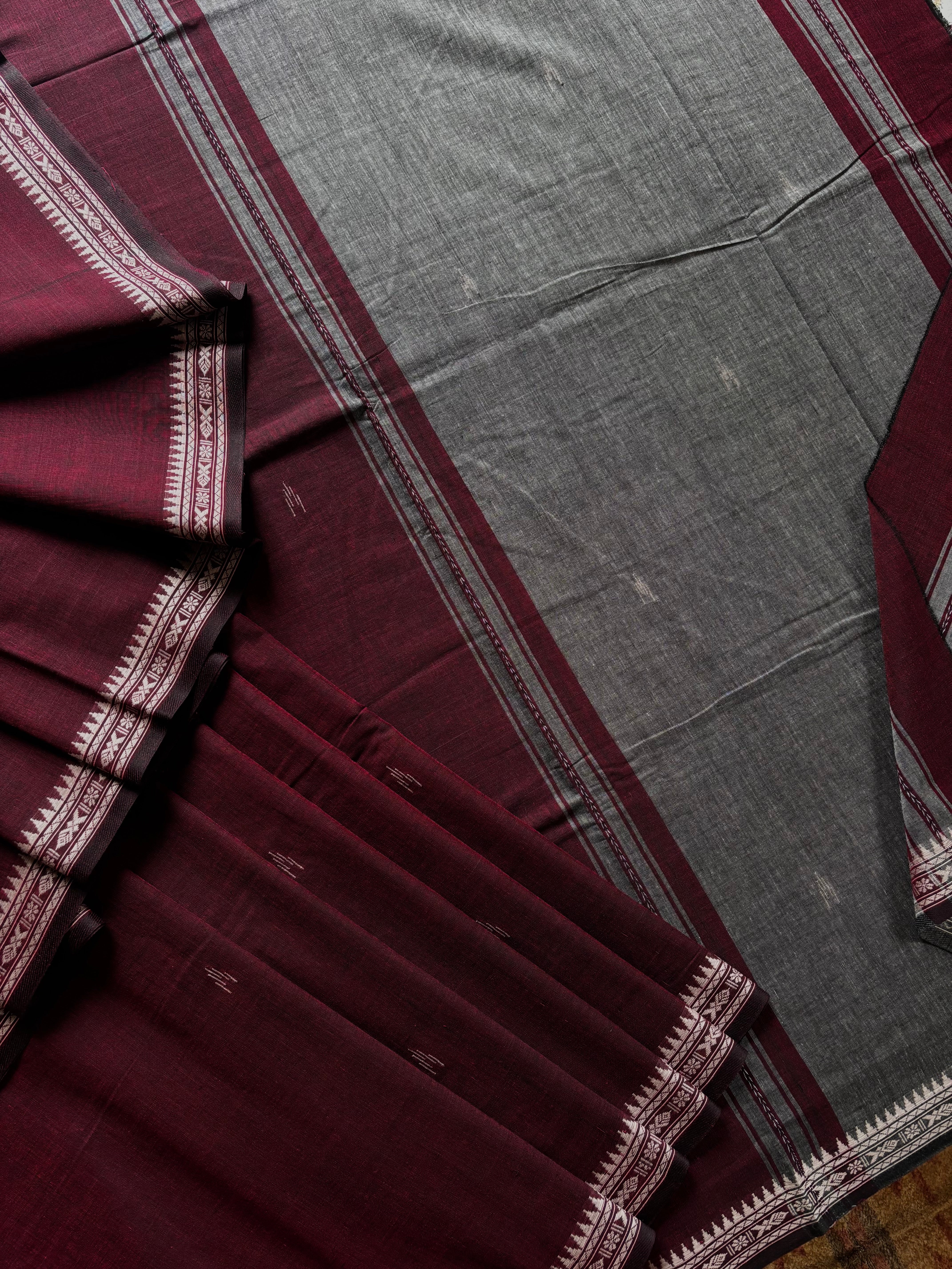 Handwoven Maroonish Wine Colour Dhonekhali Cotton Saree