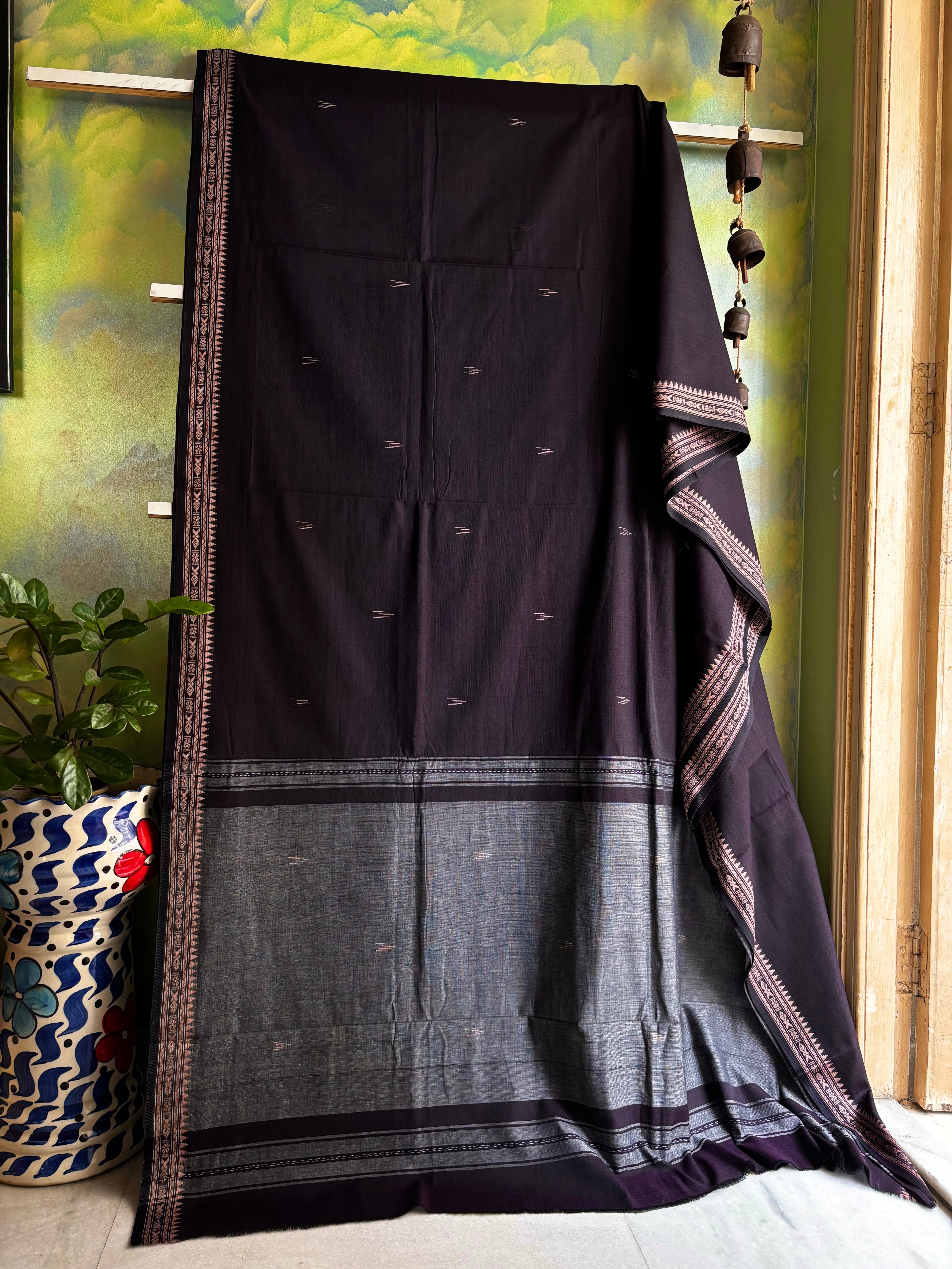 Handwoven Dark Plum Colour Dhonekhali Cotton Saree