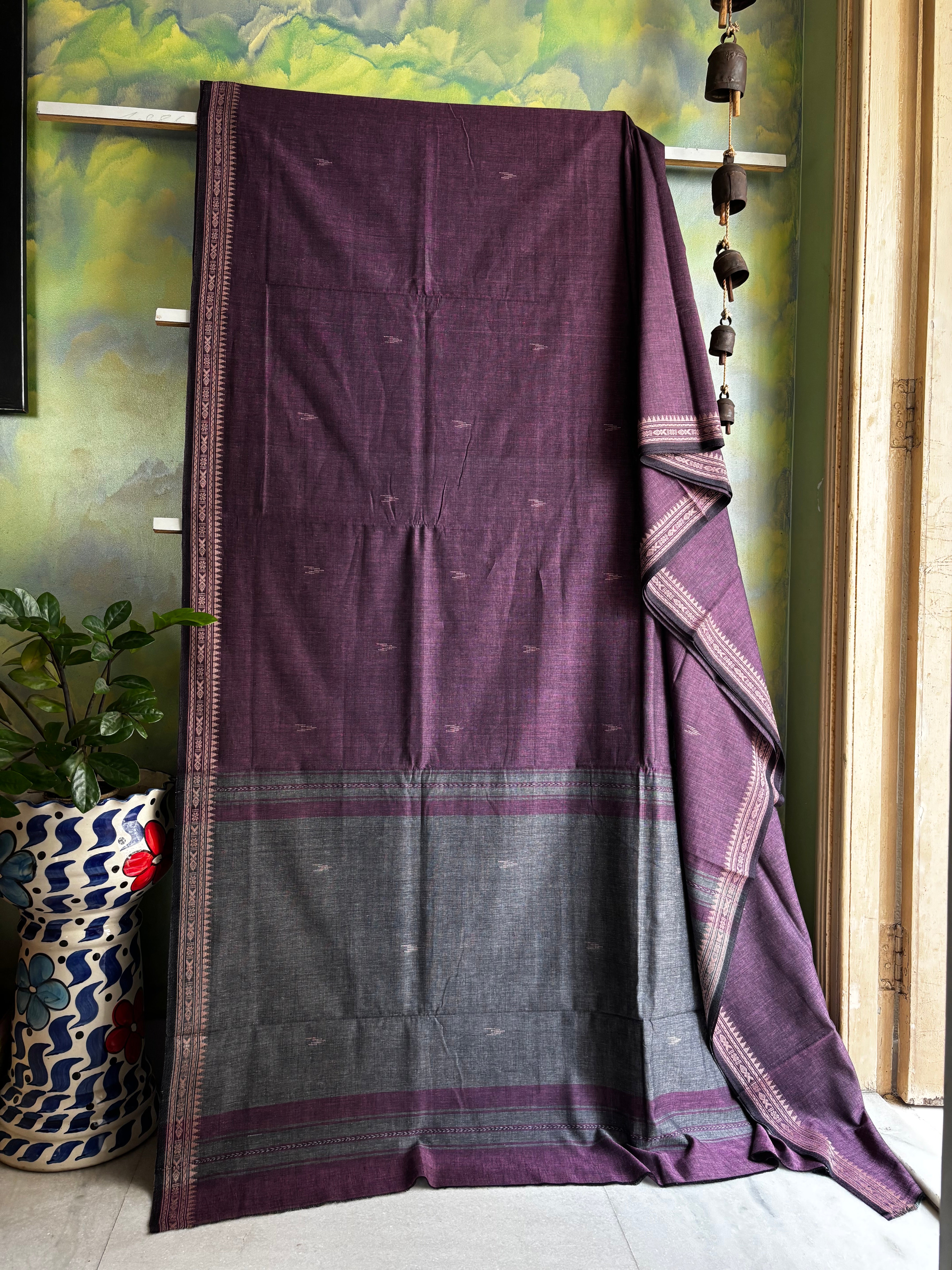 Handwoven Dusty Mauve Colour Dhonekhali Cotton Saree