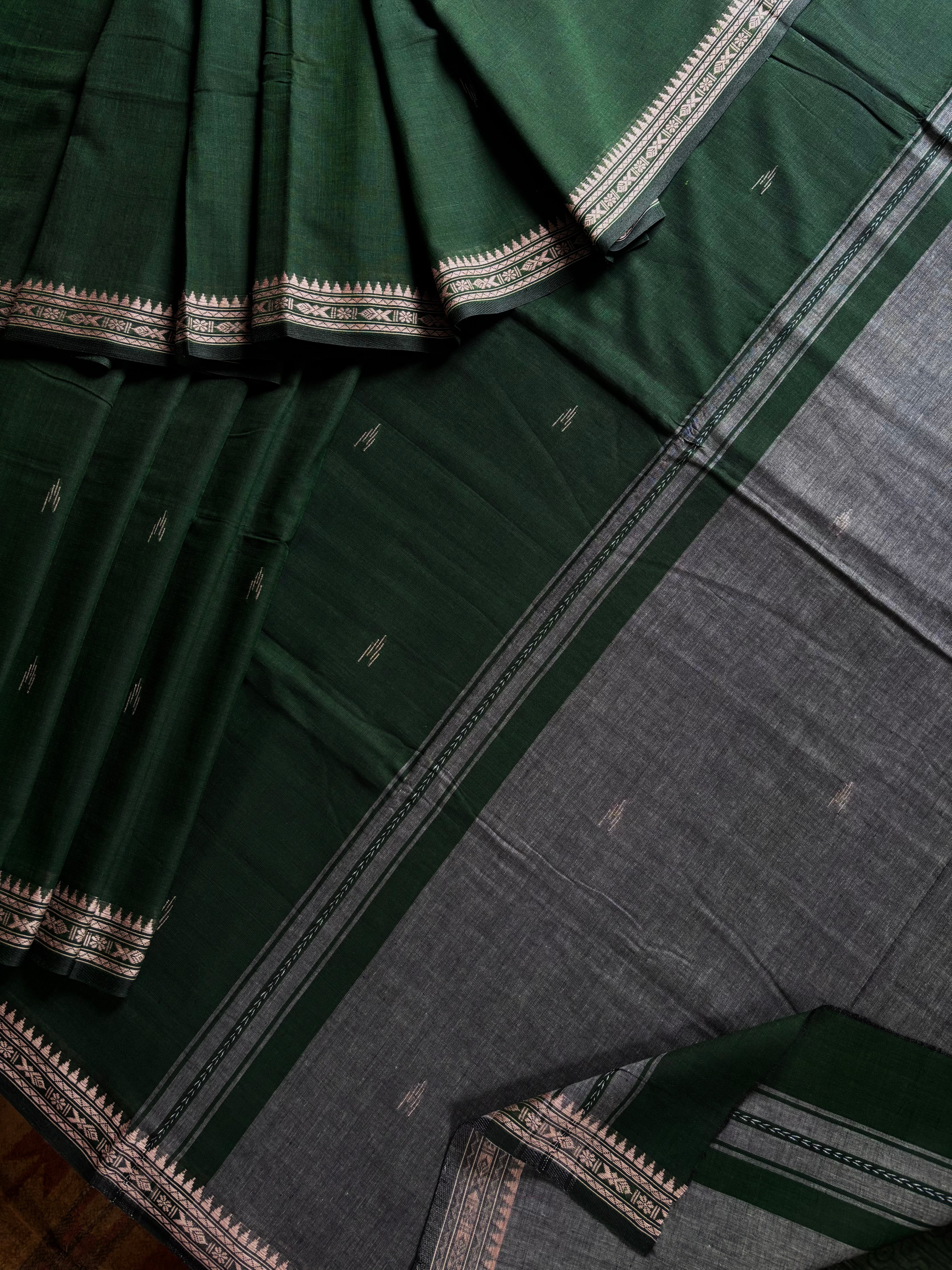 Handwoven Dark Bottle Green Colour Dhonekhali Cotton Saree