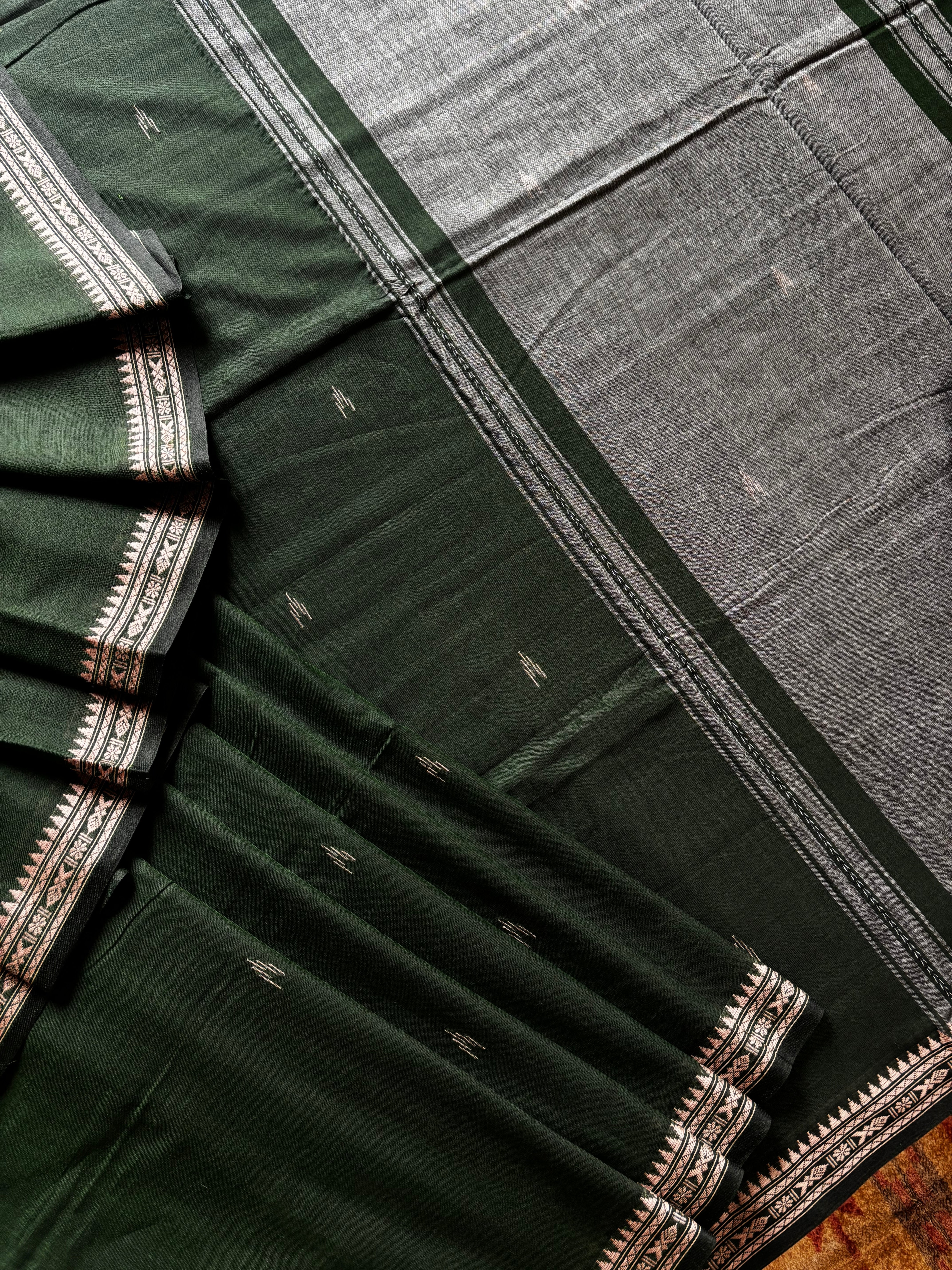 Handwoven Dark Bottle Green Colour Dhonekhali Cotton Saree