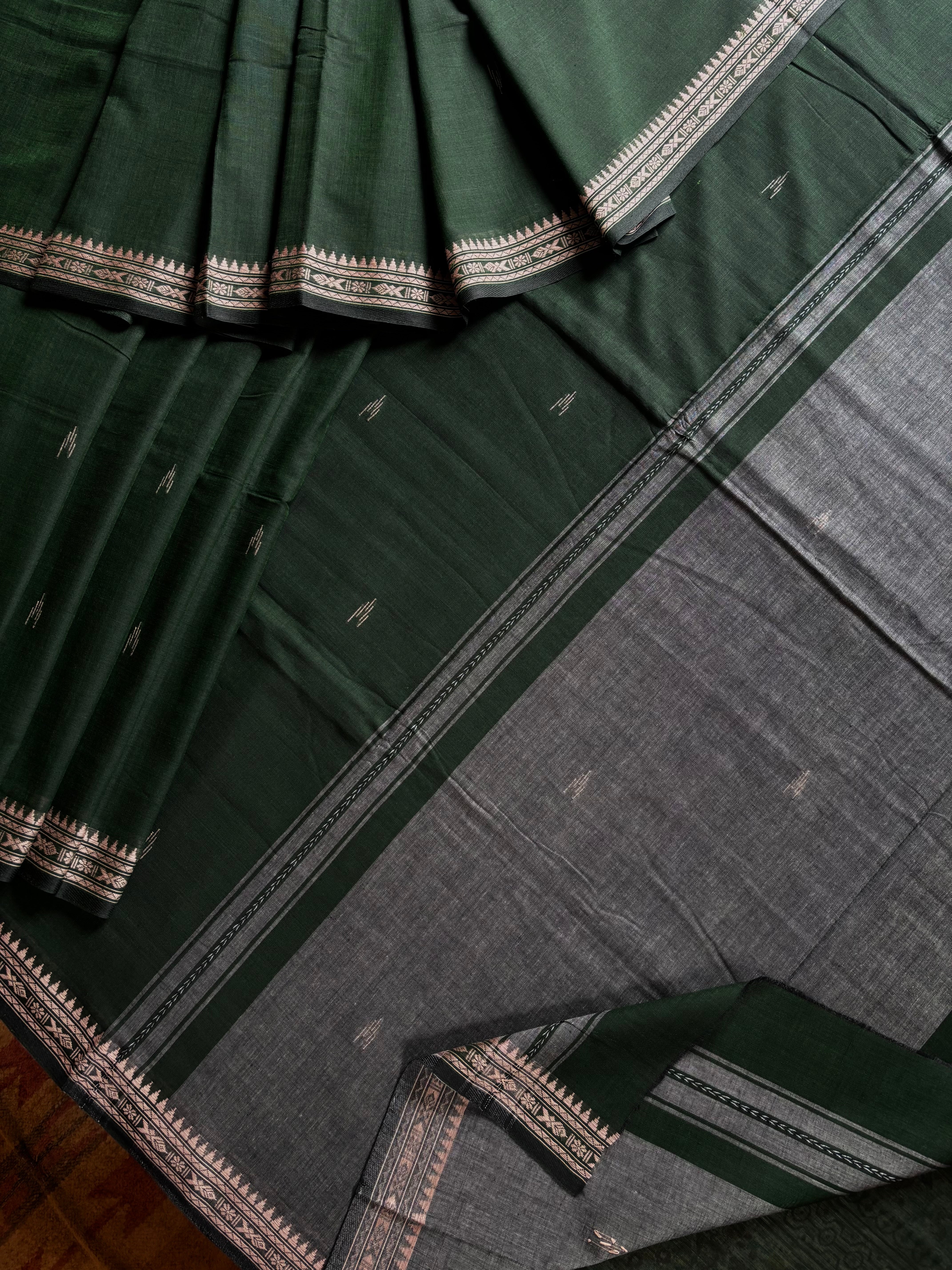 Handwoven Dark Bottle Green Colour Dhonekhali Cotton Saree