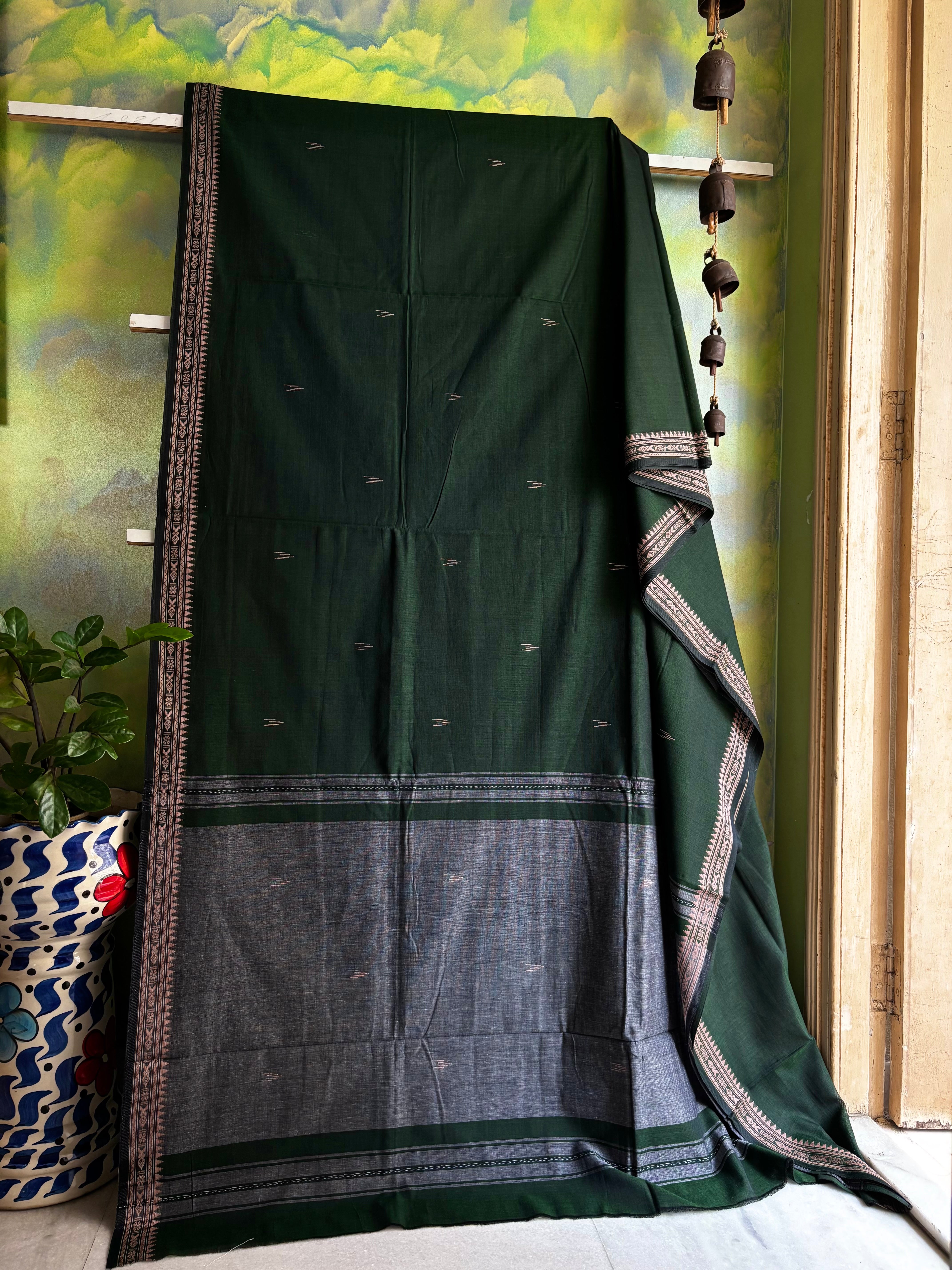 Handwoven Dark Bottle Green Colour Dhonekhali Cotton Saree