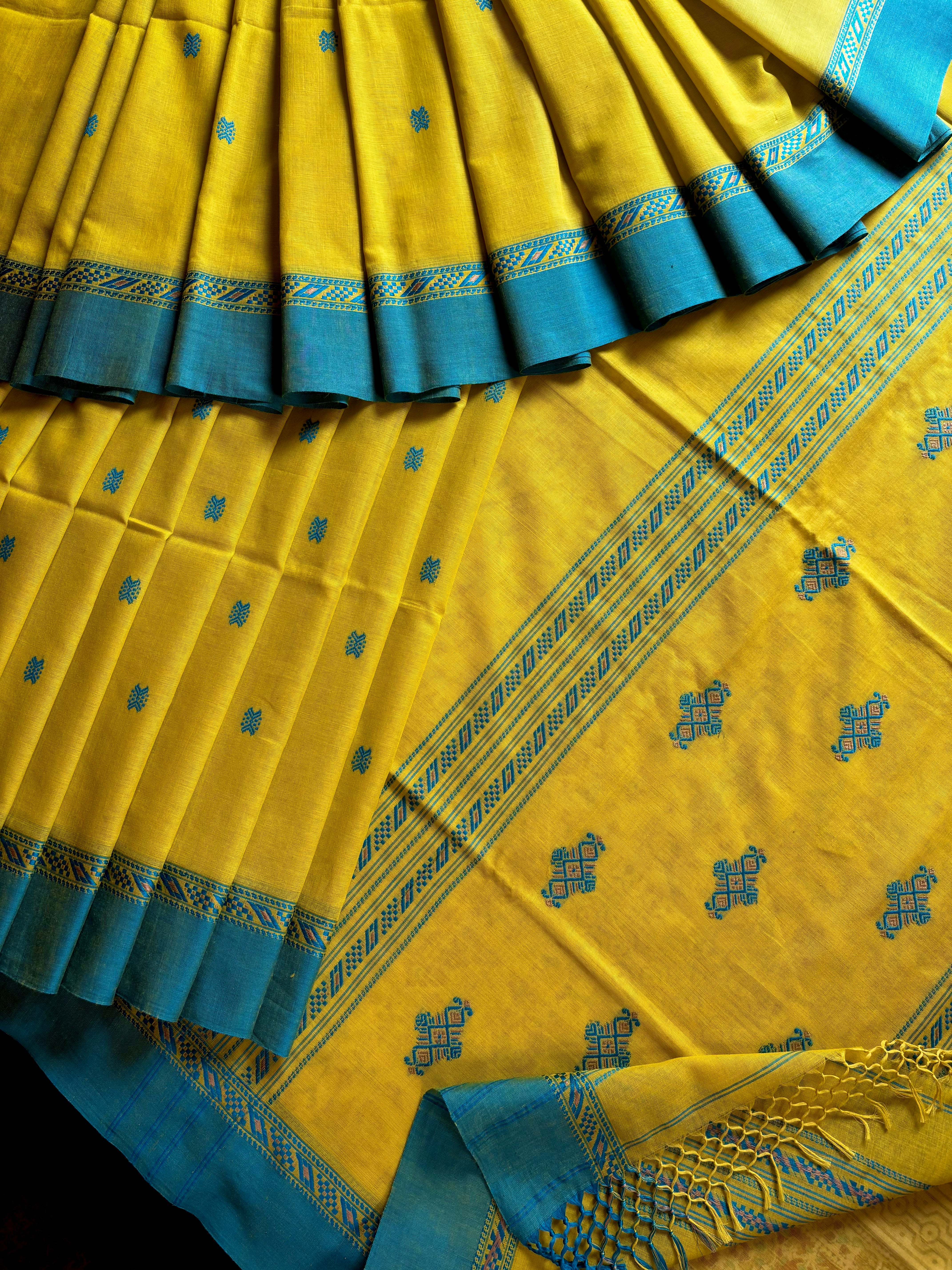 Handwoven Lime Yellow Colour Phulia Cotton Saree