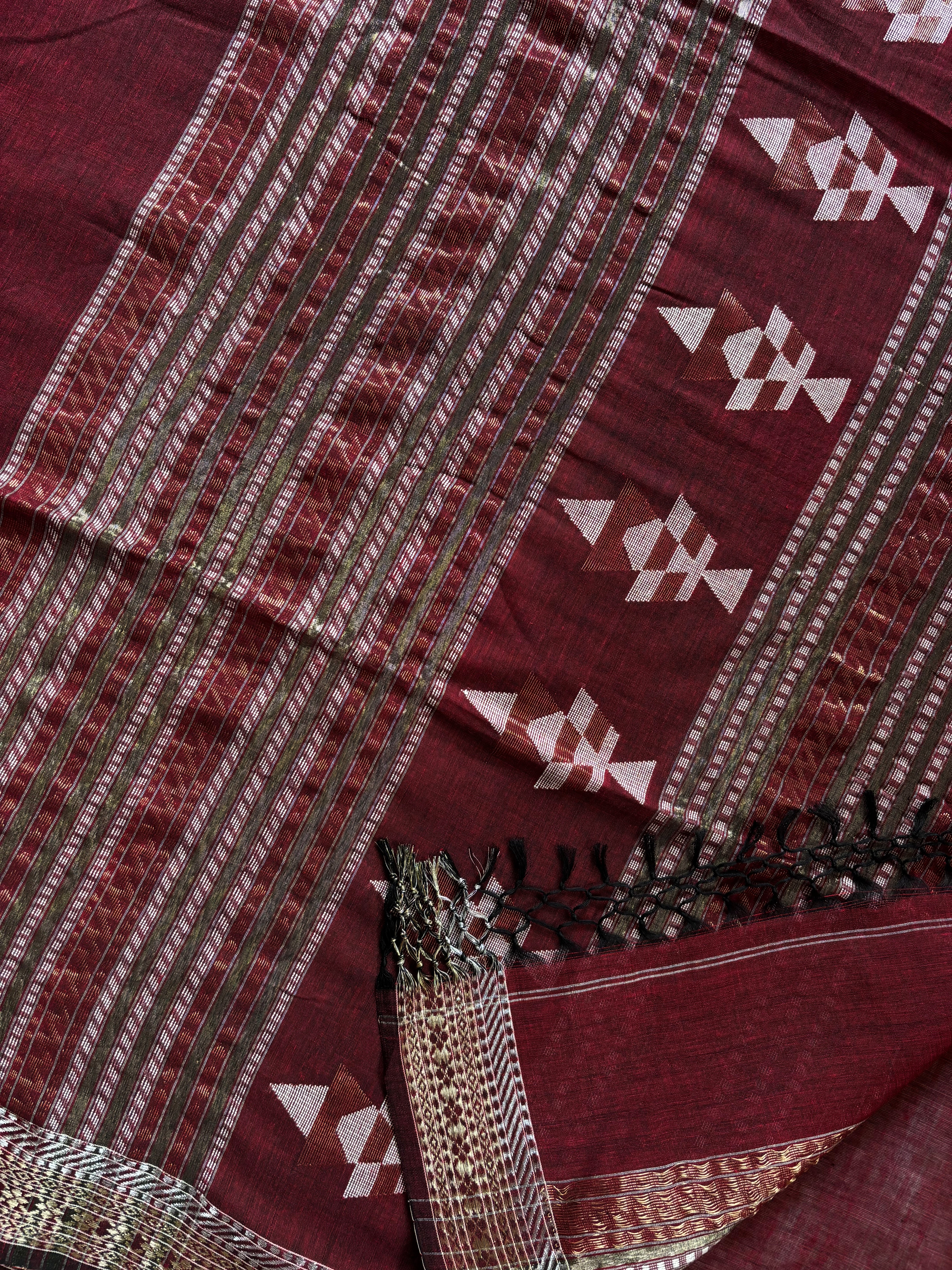 Handwoven Maroon Zari Cotton Jamdani Saree