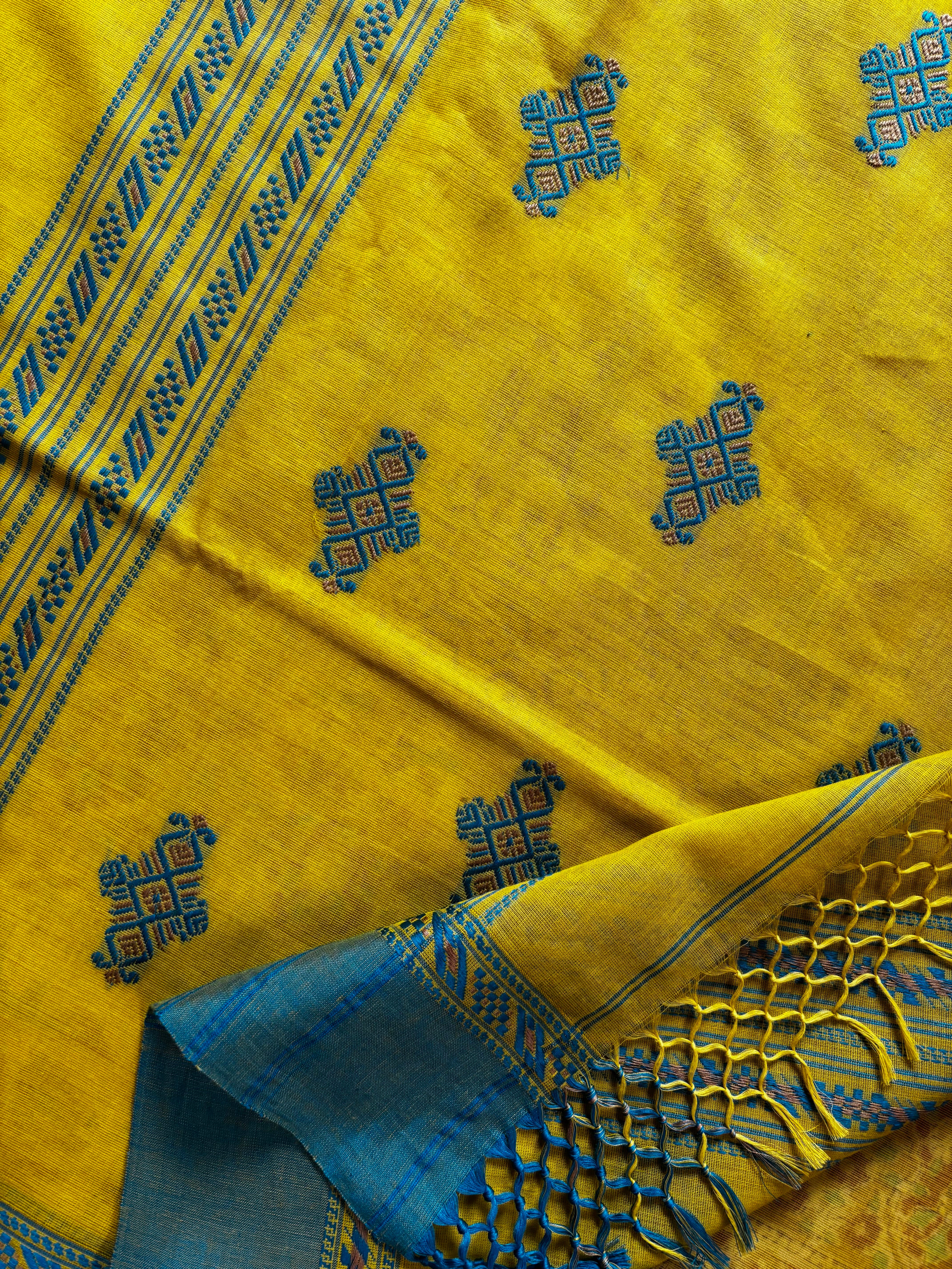 Handwoven Lime Yellow Colour Phulia Cotton Saree