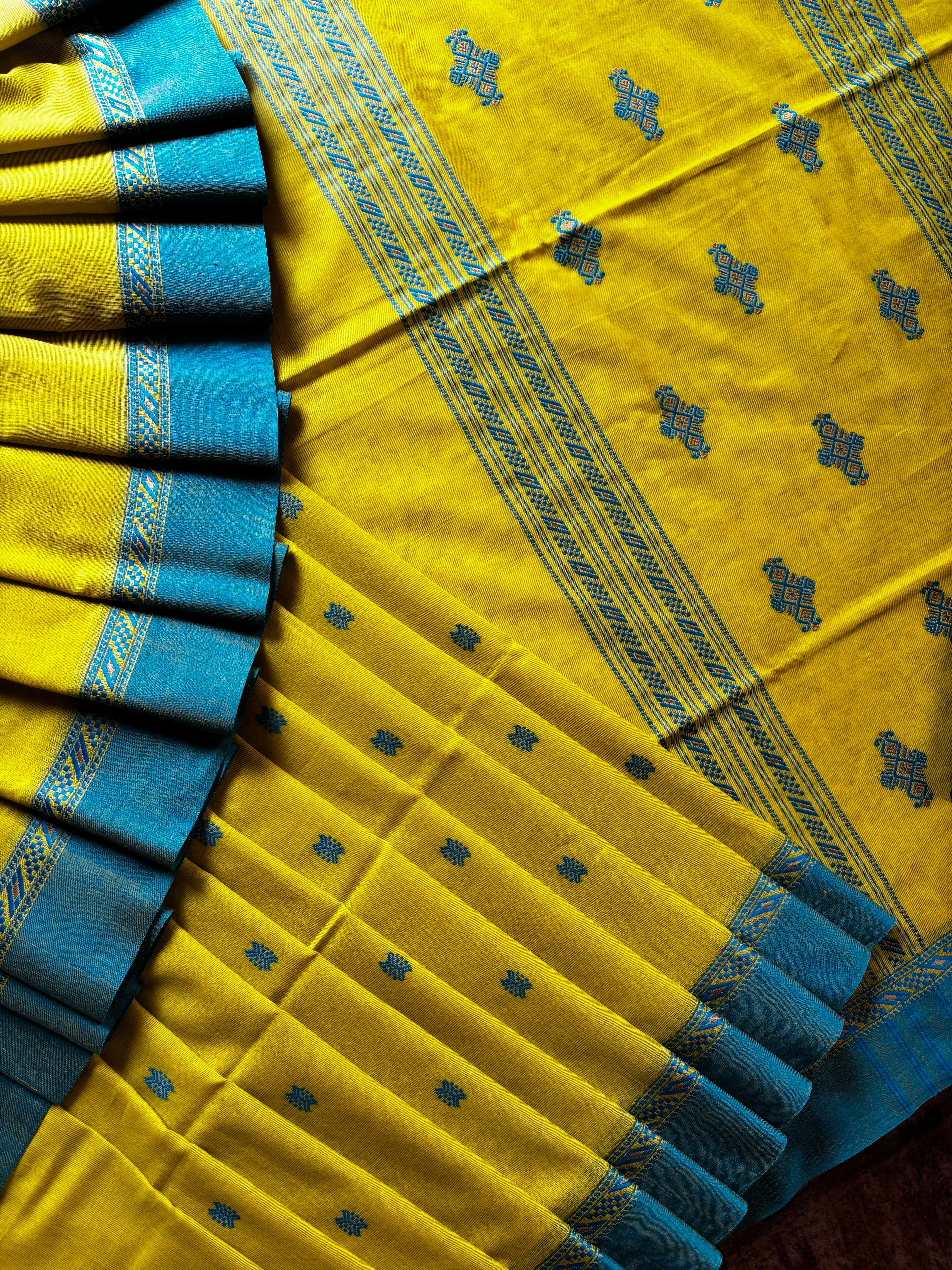 Handwoven Lime Yellow Colour Phulia Cotton Saree