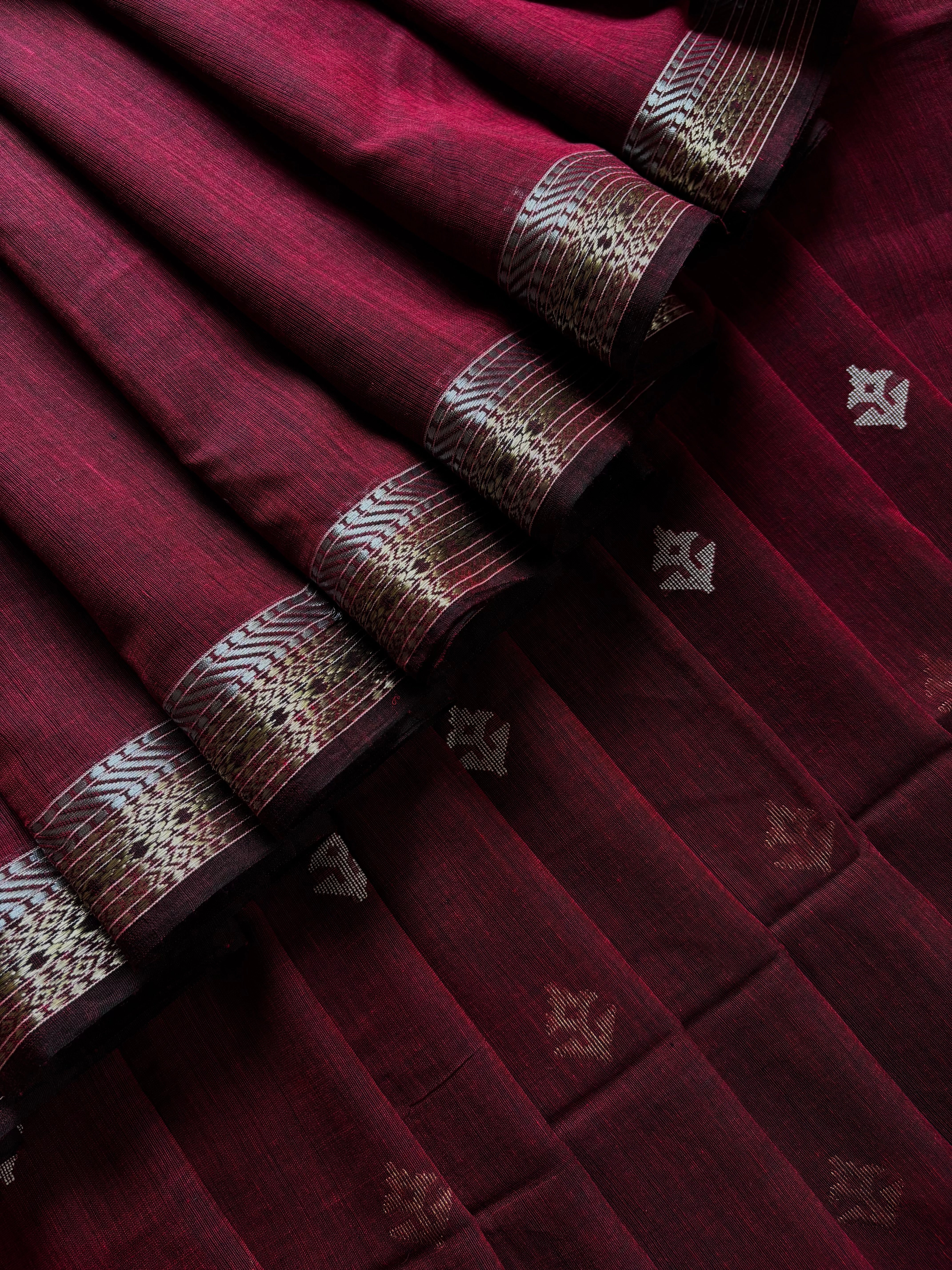 Handwoven Maroon Zari Cotton Jamdani Saree