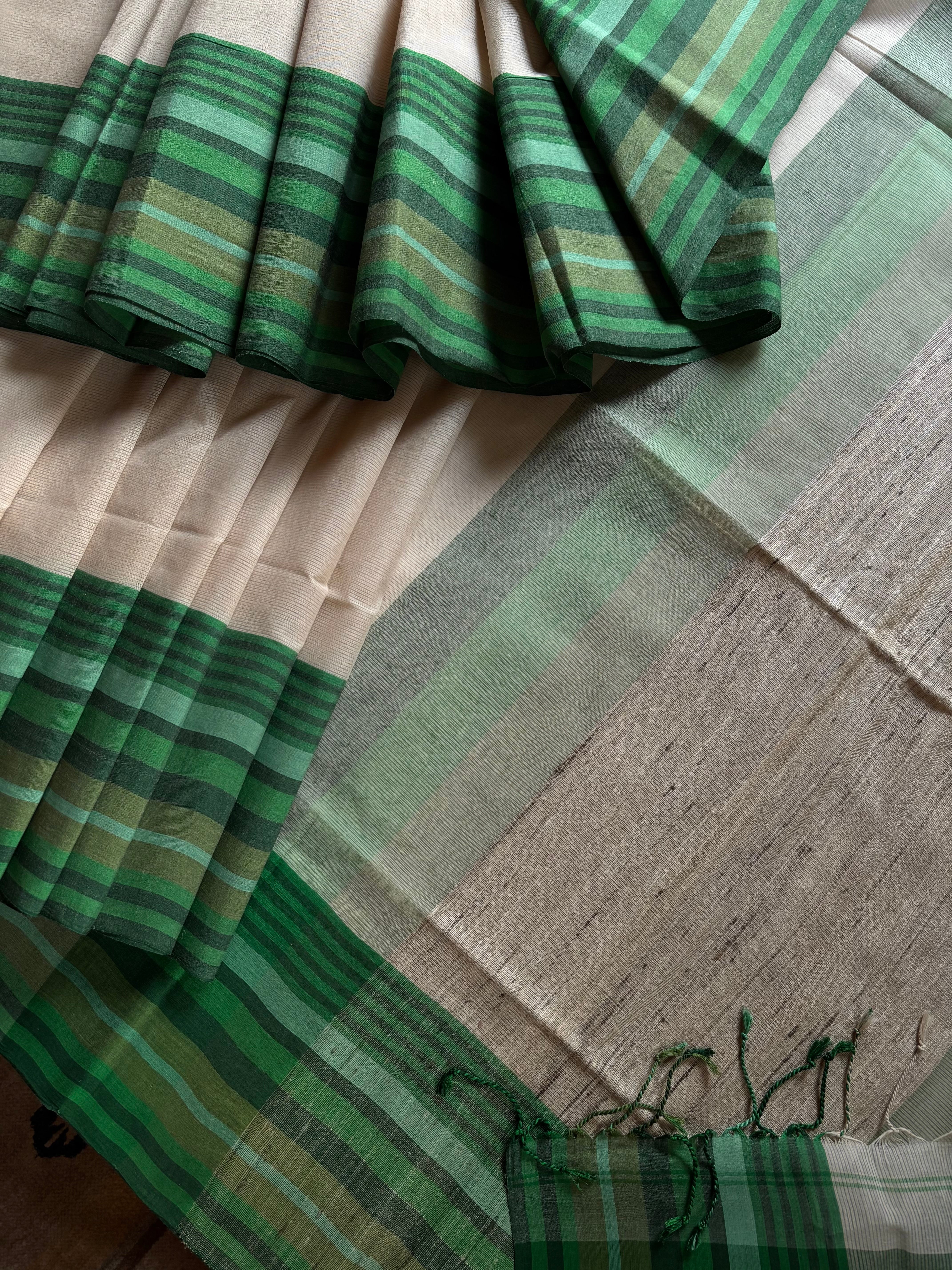 Handwoven Beige Green Phulia Cotton Saree