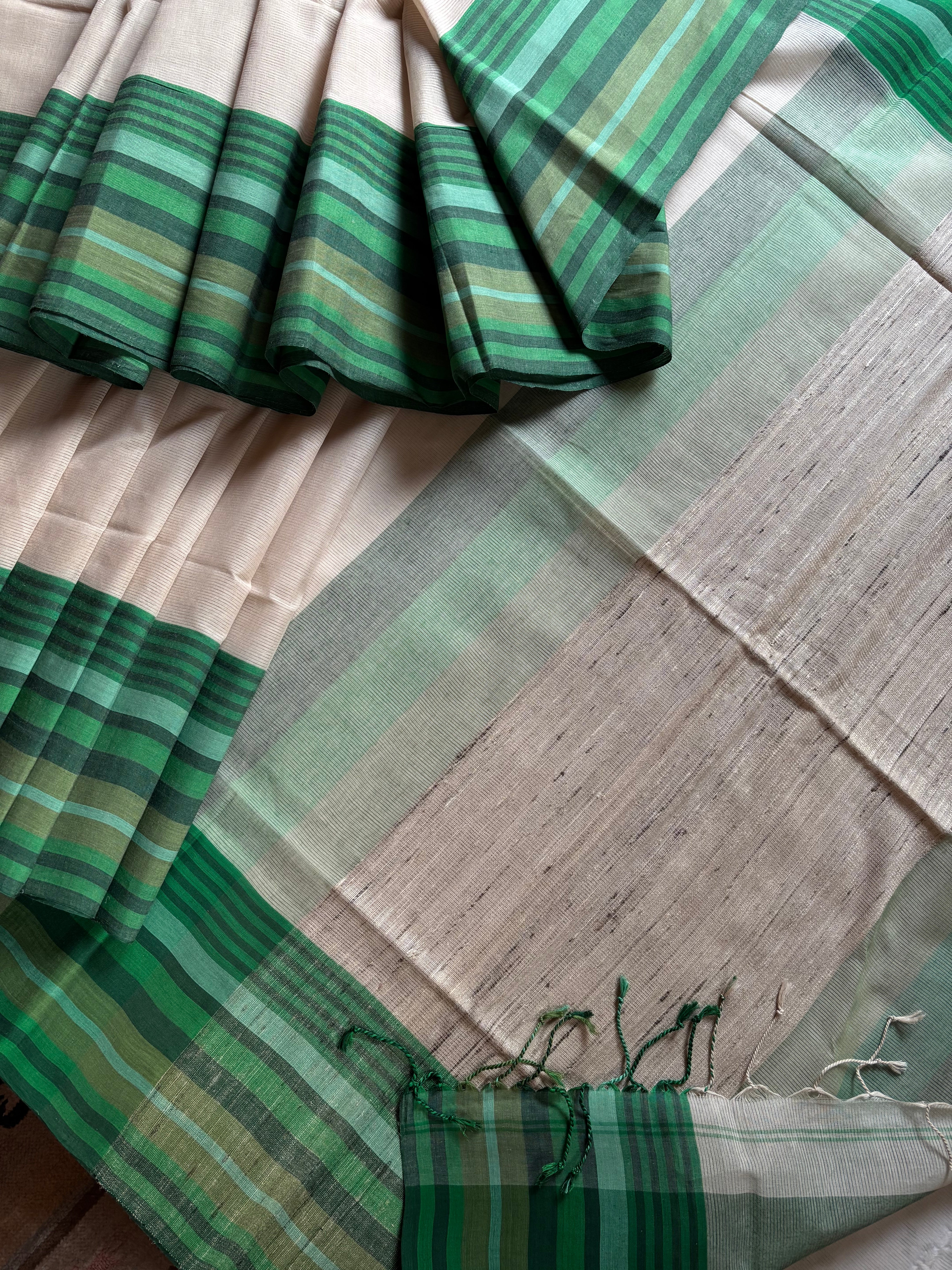Handwoven Beige Green Phulia Cotton Saree