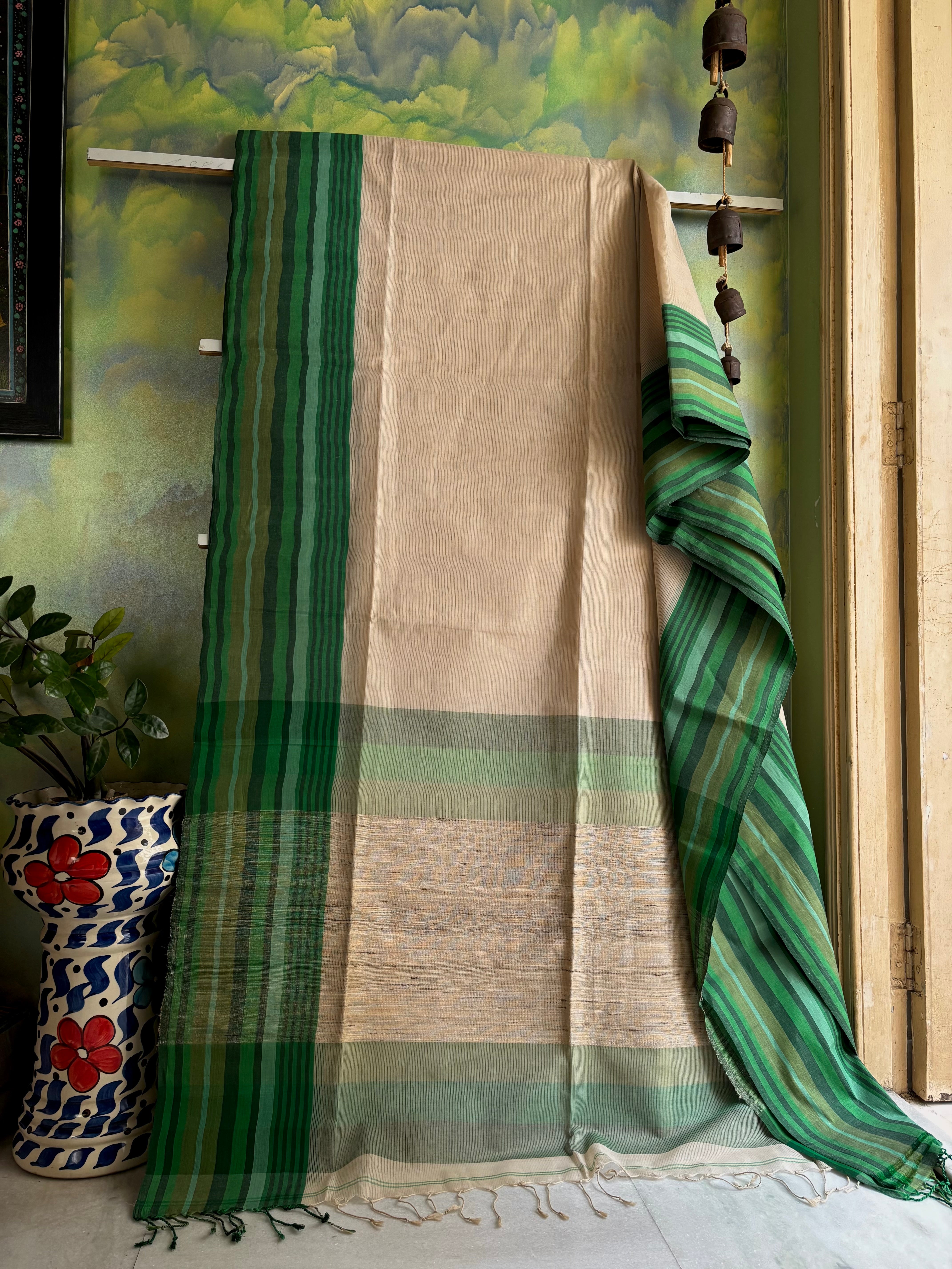 Handwoven Beige Green Phulia Cotton Saree