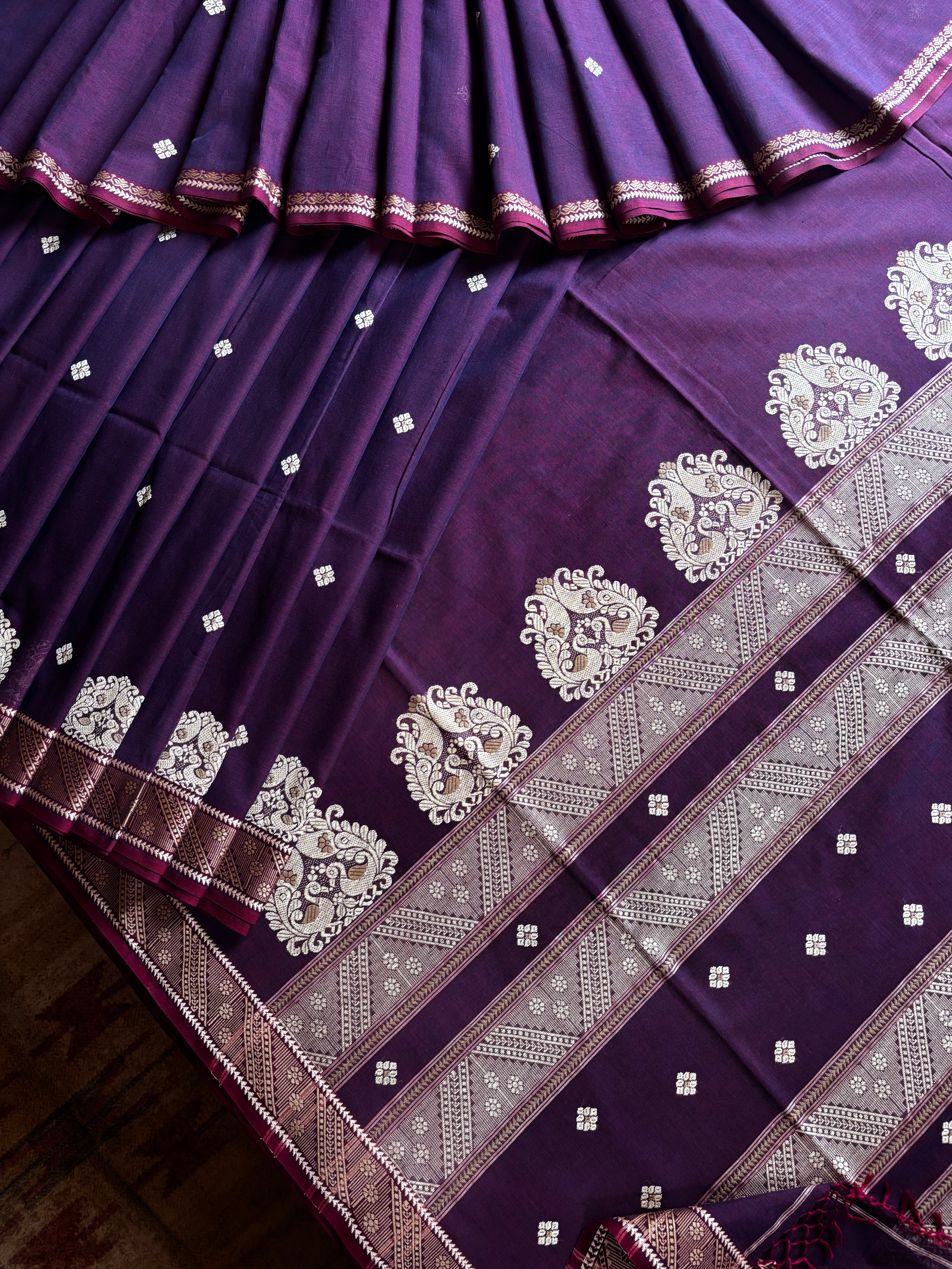 Handwoven Purple Maroon Dual Toned Phulia Cotton Saree