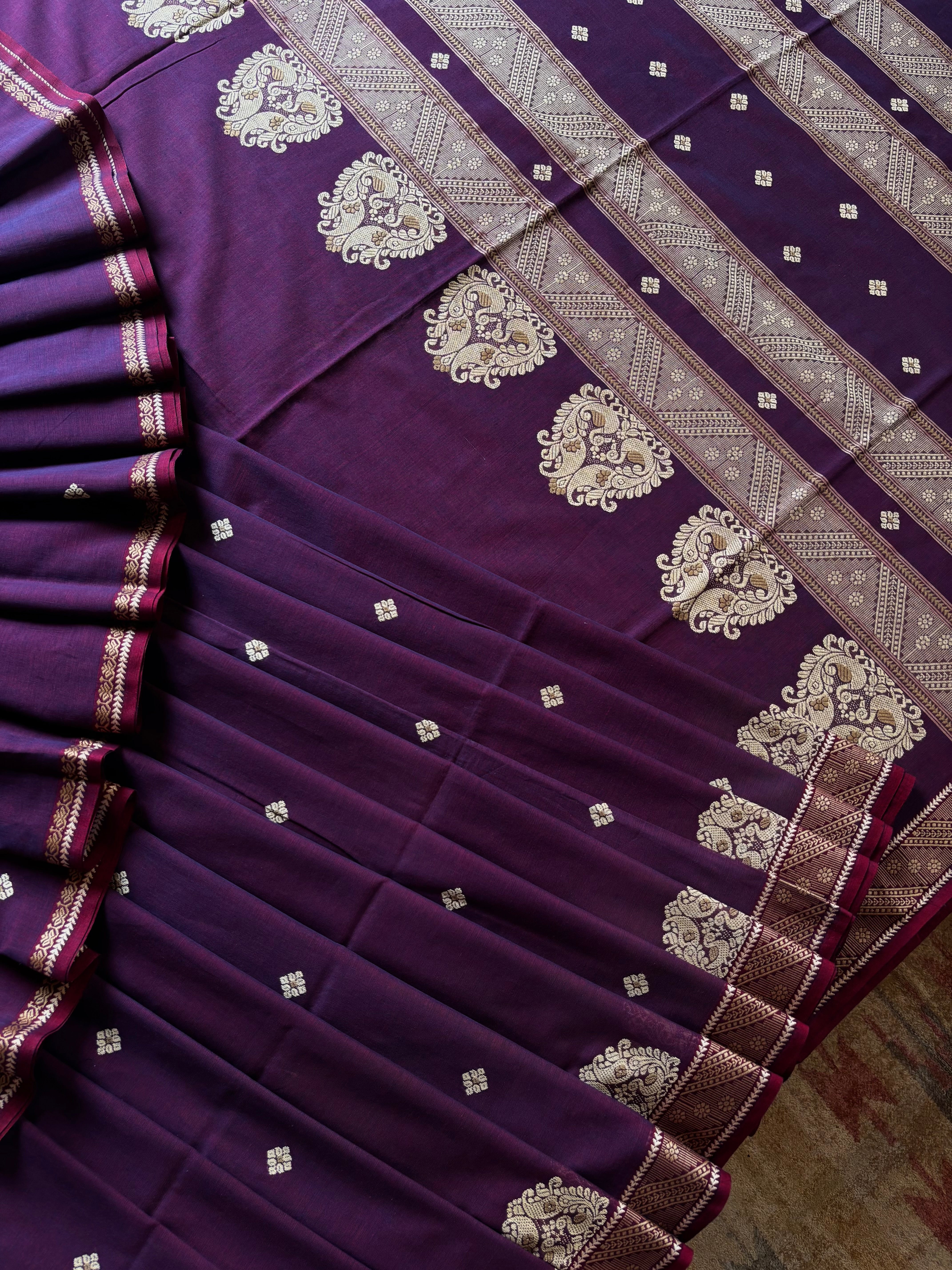 Handwoven Purple Maroon Dual Toned Phulia Cotton Saree