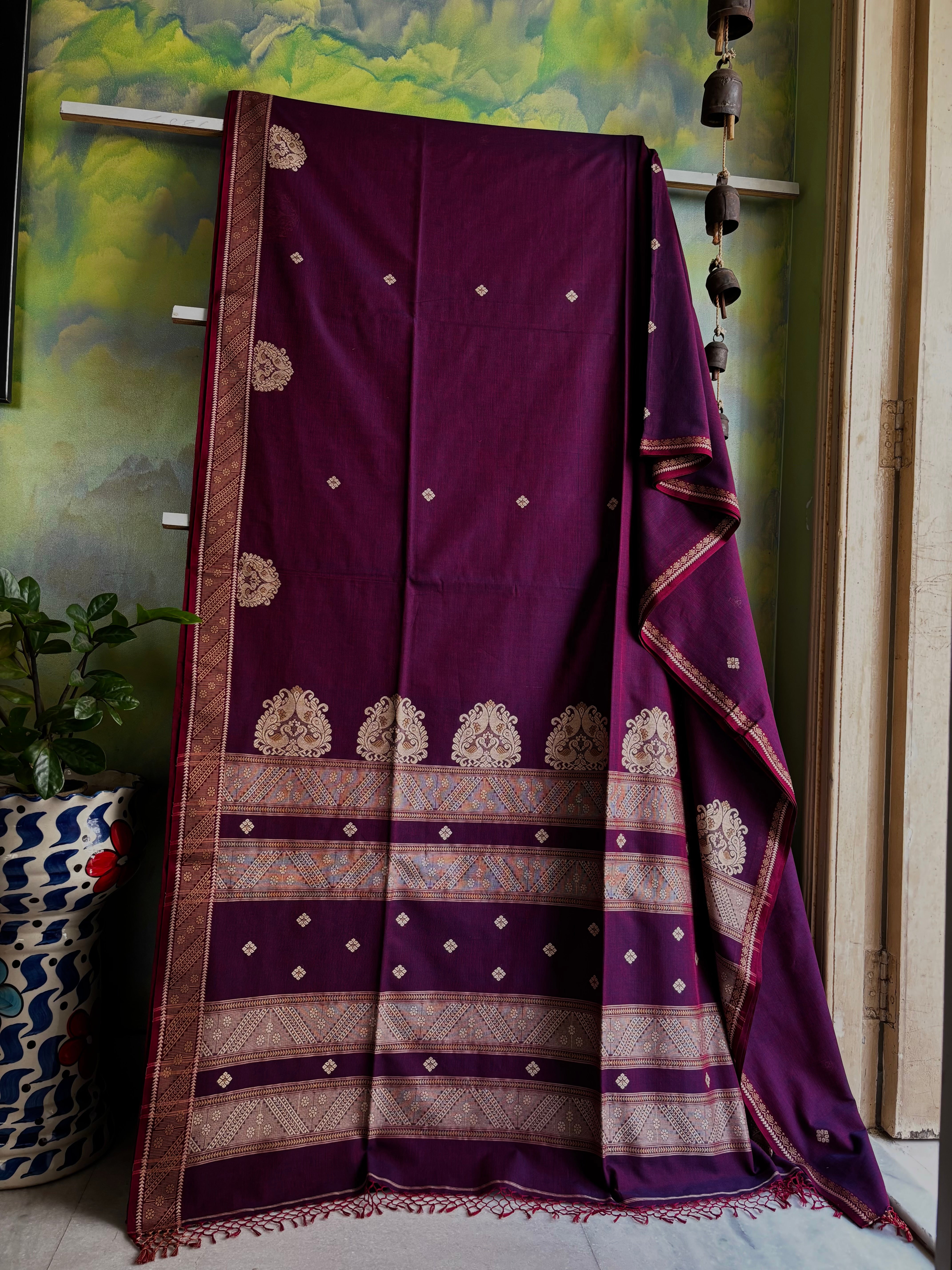 Handwoven Purple Maroon Dual Toned Phulia Cotton Saree