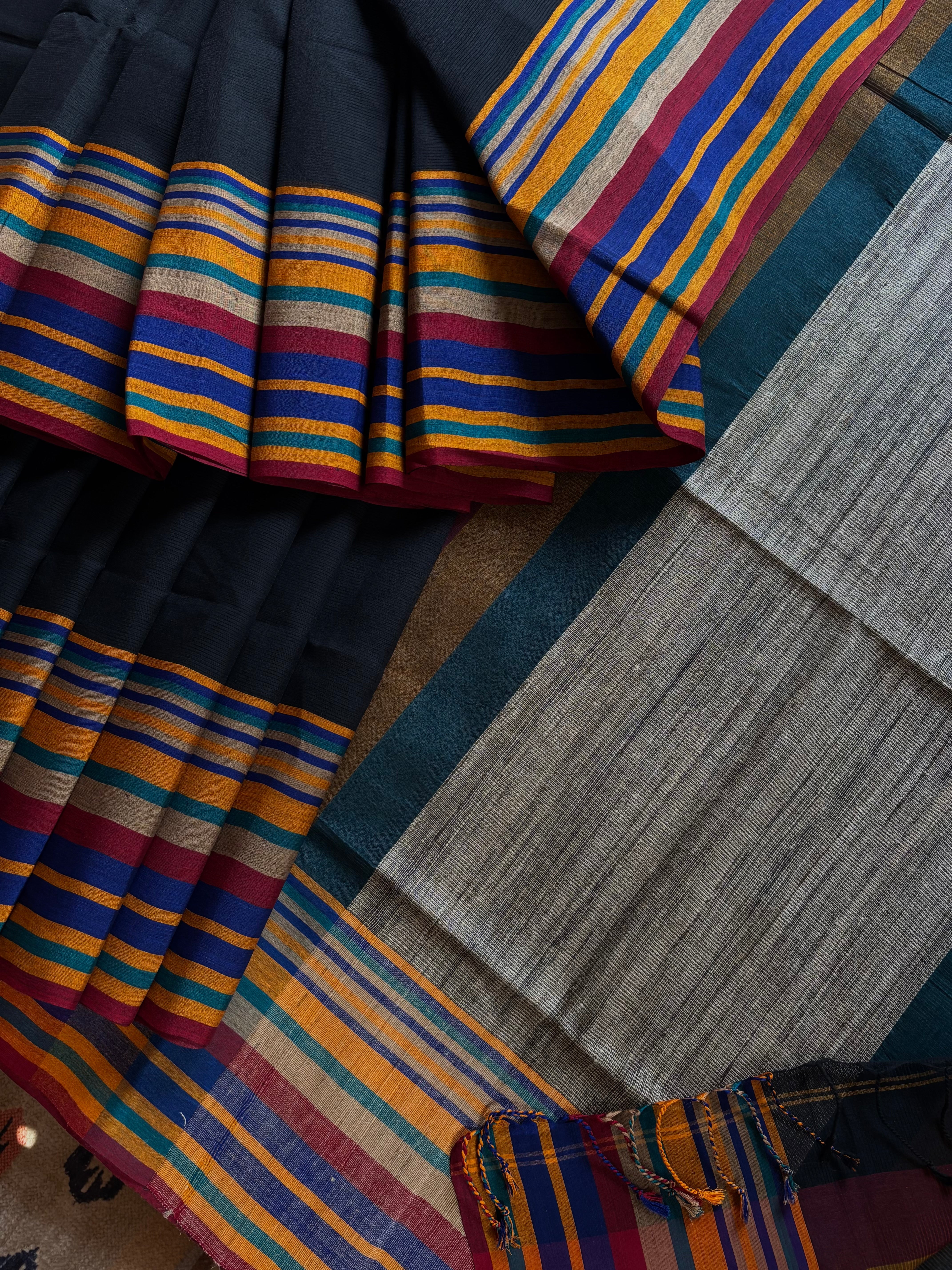 Handwoven Black Multicolour Phulia Cotton Saree