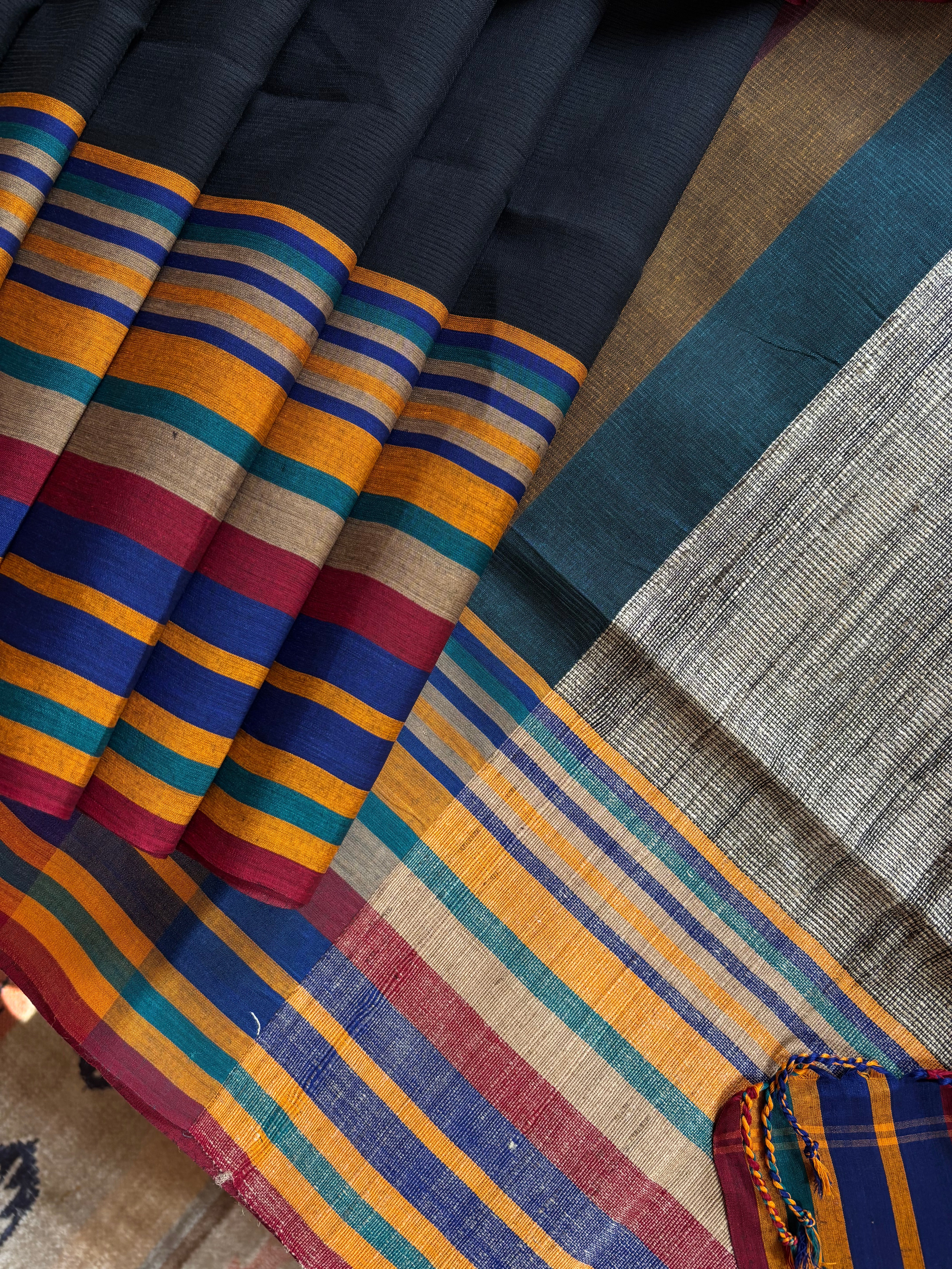 Handwoven Black Multicolour Phulia Cotton Saree